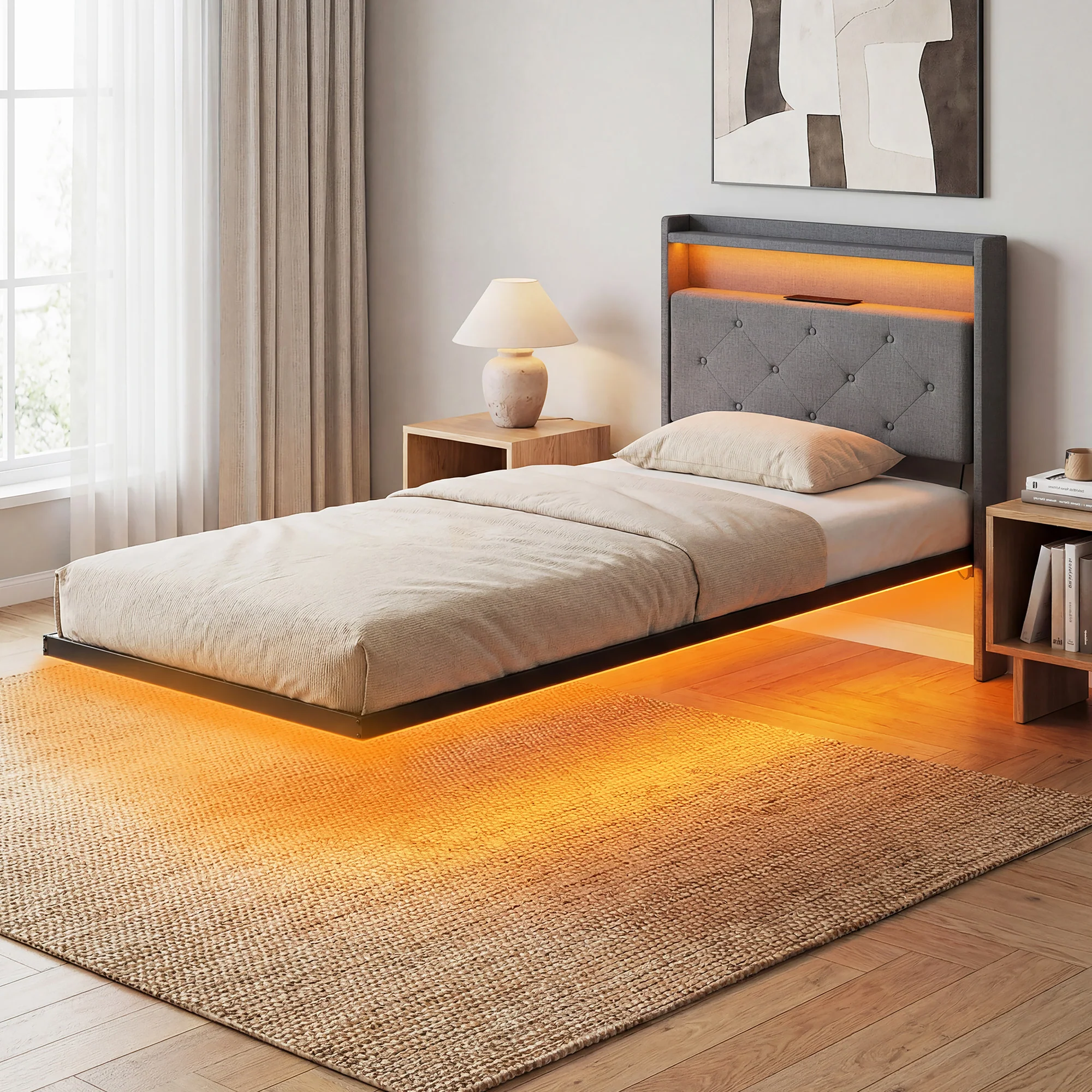 3ft Single Size Bed Frame with Music Sync RGB LED Lights and Charging Station, Grey - Image 4