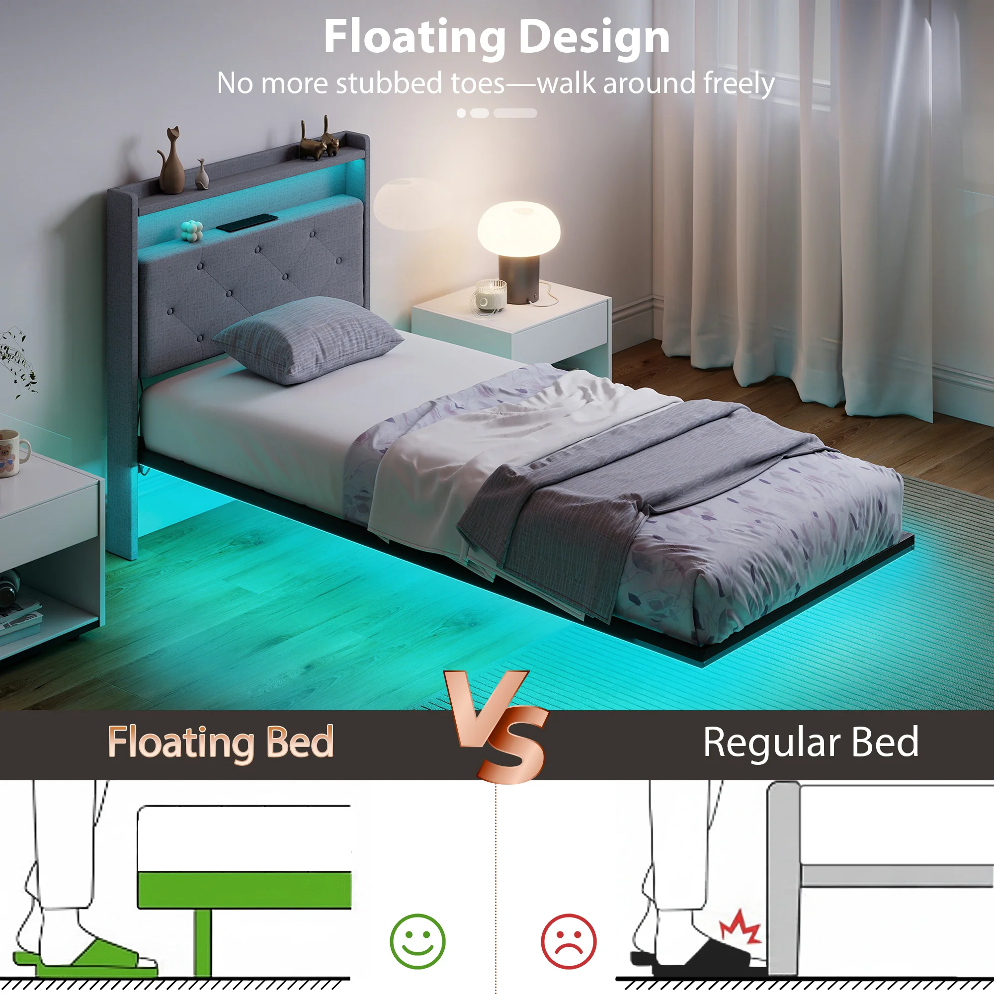 3ft Single Size Bed Frame with Music Sync RGB LED Lights and Charging Station, Grey - Image 6
