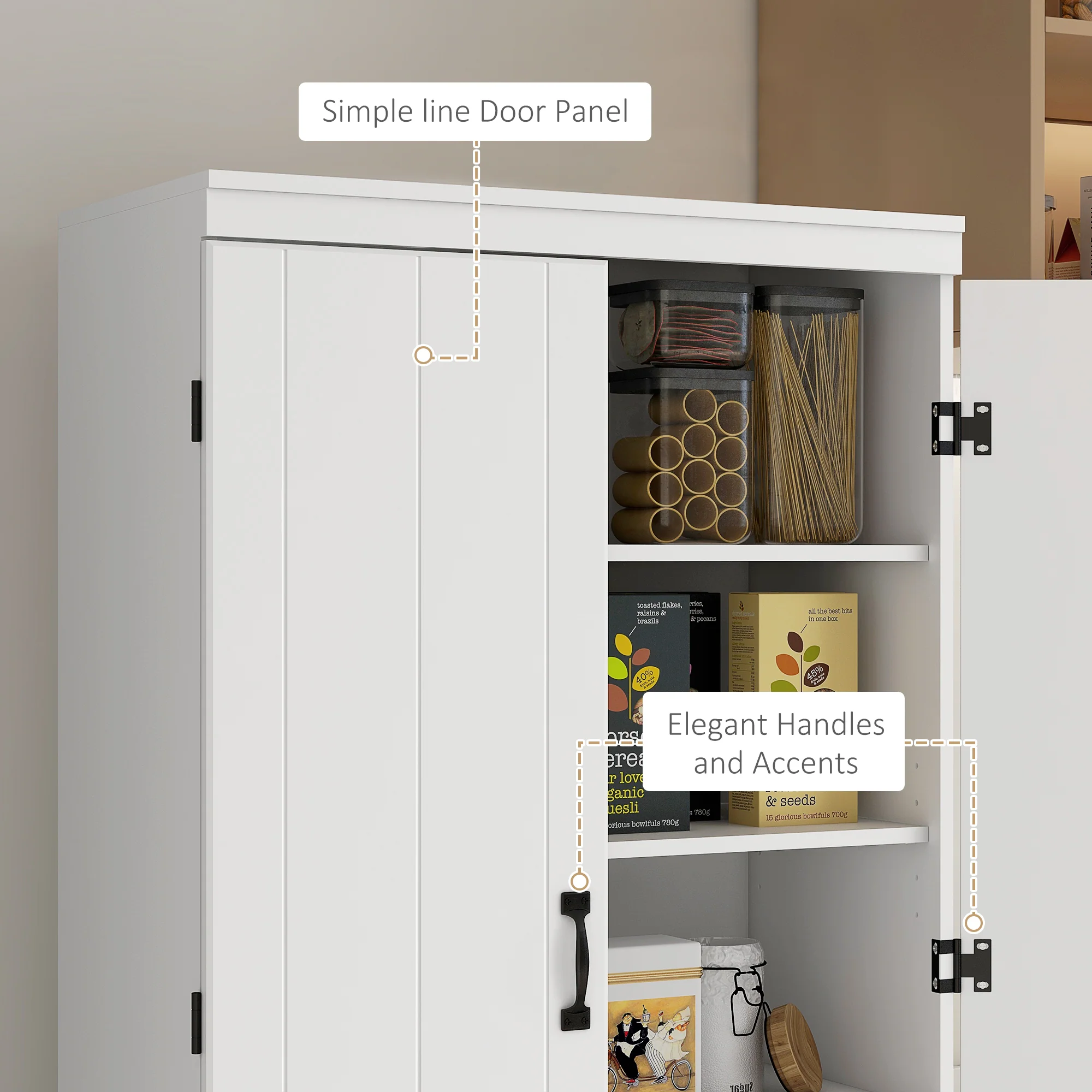 4-Door Tall Kitchen Cupboard, Freestanding 6-Tier Storage Cabinet with 2 Adjustable Shelves for Living Room, Dining Room, White - Image 9