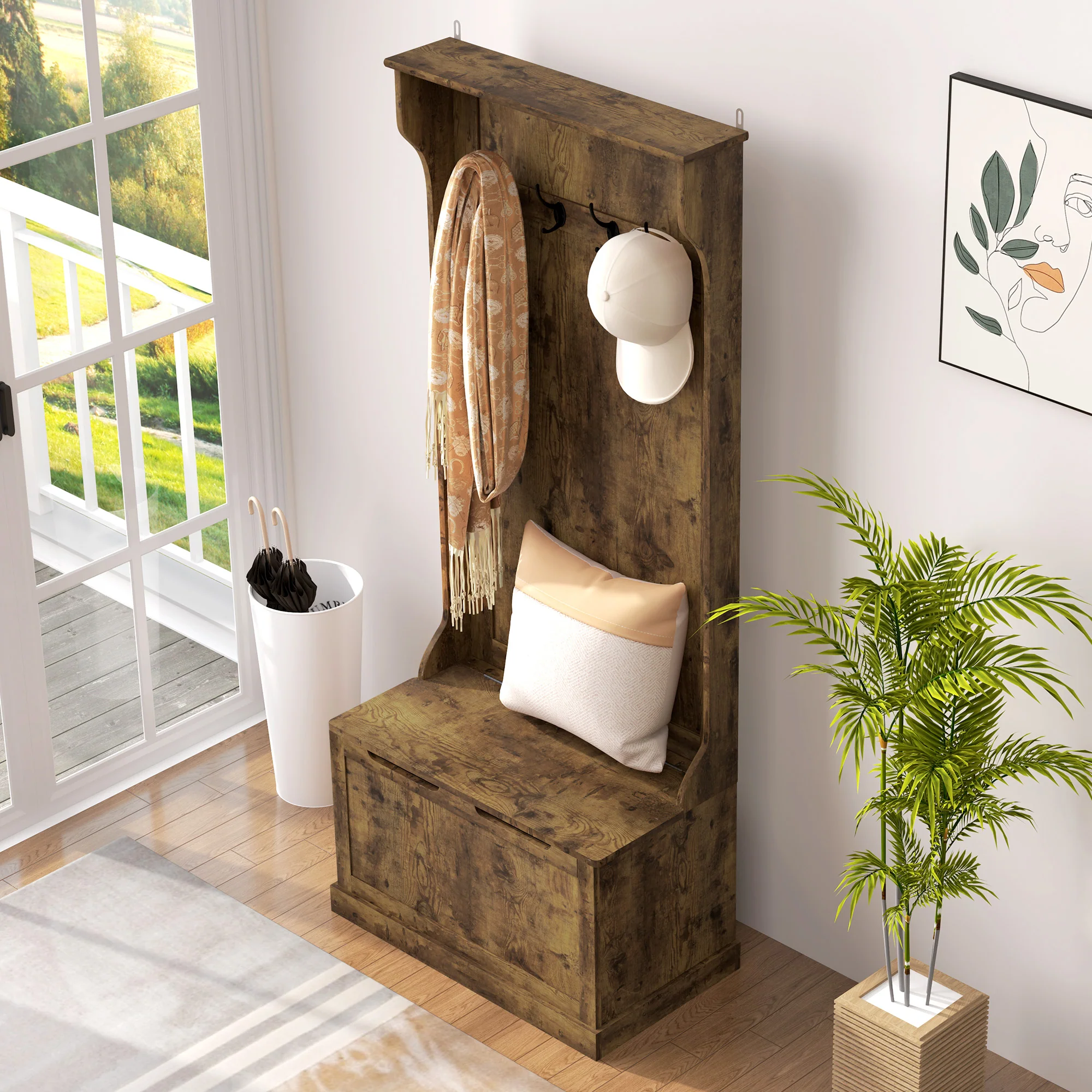 4-In-1 Hall Tree with Bench, 28" Coat Rack with Flip Top Storage Box, 4 Hooks and Top Shelf for Entryway, Hallway, Living Room, Rustic Brown - Image 10