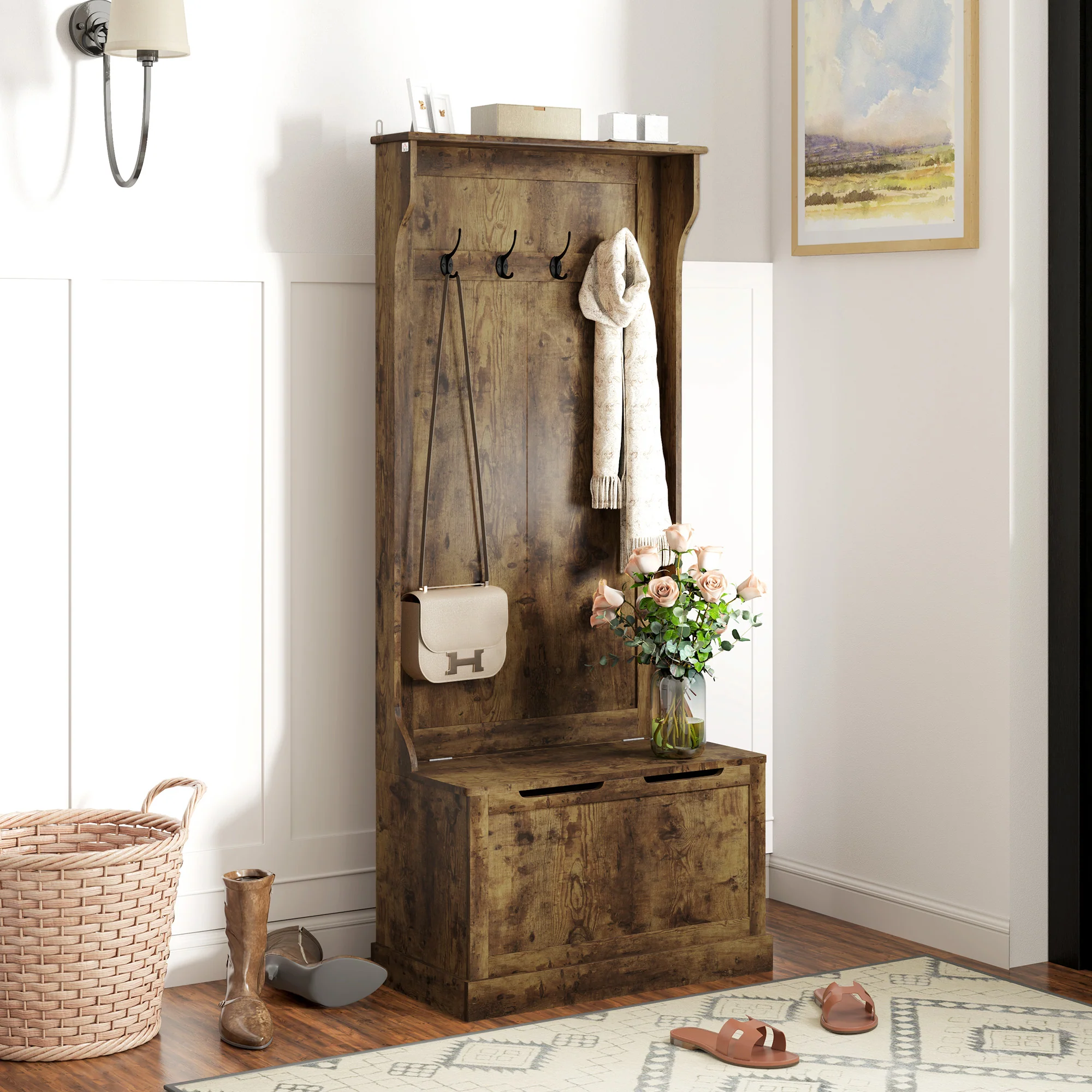 4-In-1 Hall Tree with Bench, 28" Coat Rack with Flip Top Storage Box, 4 Hooks and Top Shelf for Entryway, Hallway, Living Room, Rustic Brown - Image 3