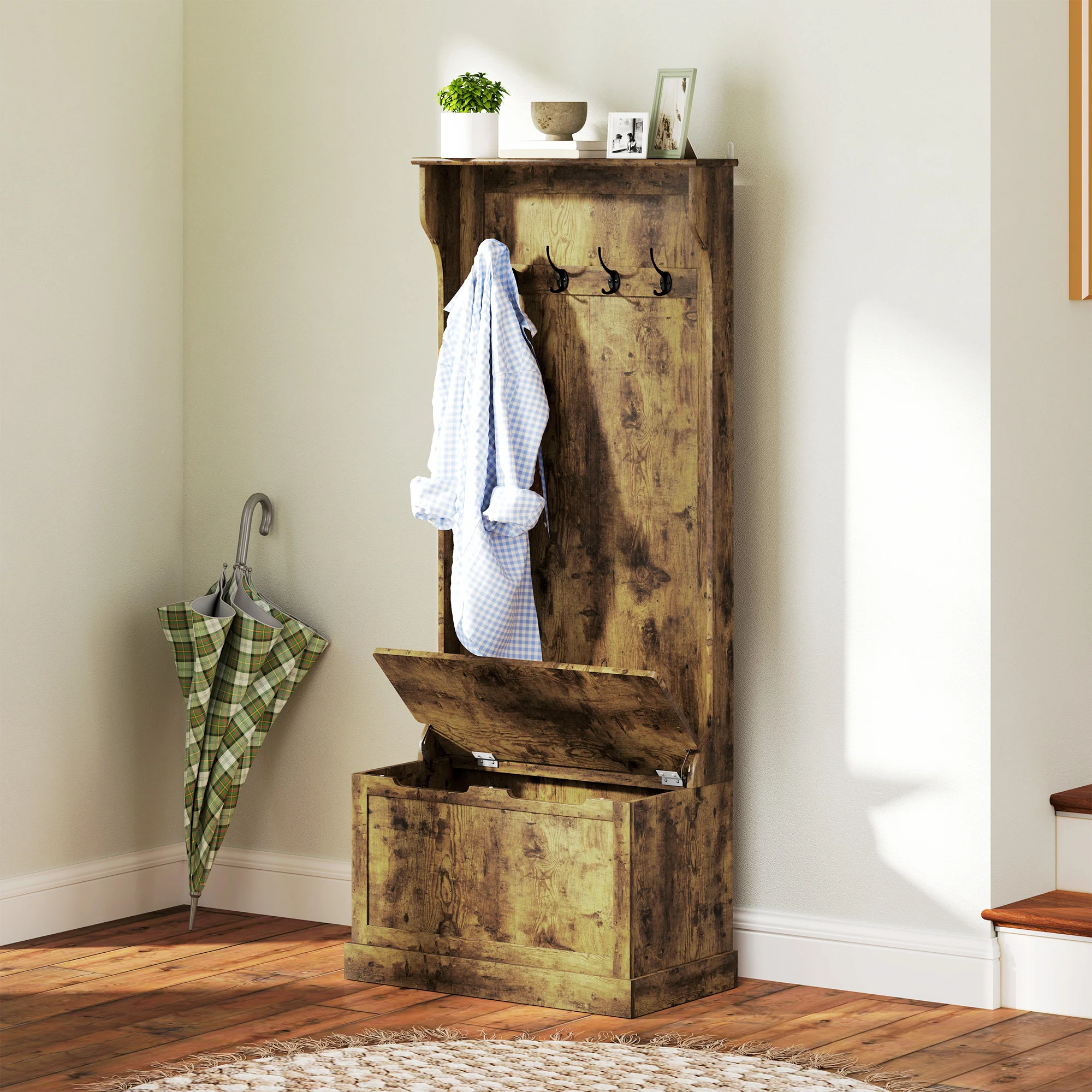 4-In-1 Hall Tree with Bench, 28" Coat Rack with Flip Top Storage Box, 4 Hooks and Top Shelf for Entryway, Hallway, Living Room, Rustic Brown - Image 4