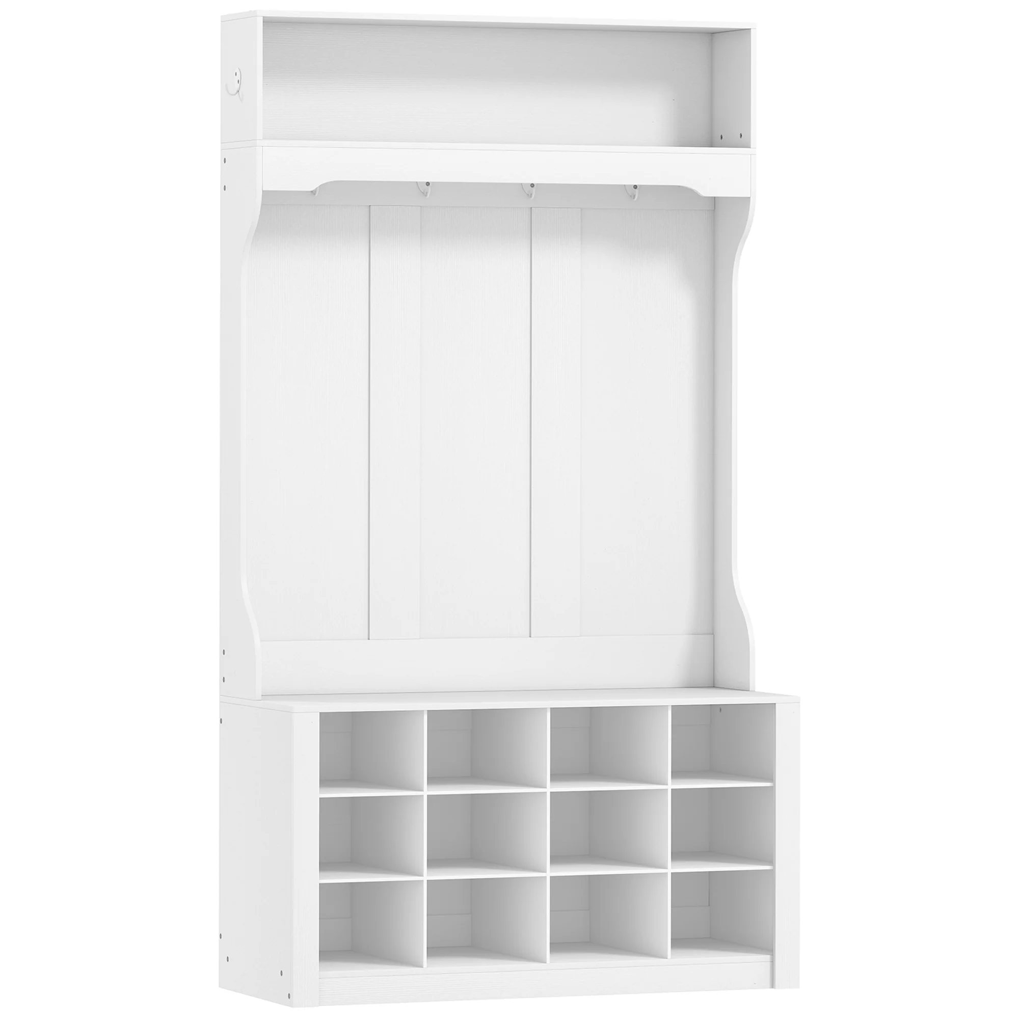 4-In-1 Hall Tree with Bench and Shoe Storage, Farmhouse Entryway Coat Rack Shoe Bench with 12 Shoe Cubbies, 6 Hooks and Open Shelf for Hallway, White - Image 12