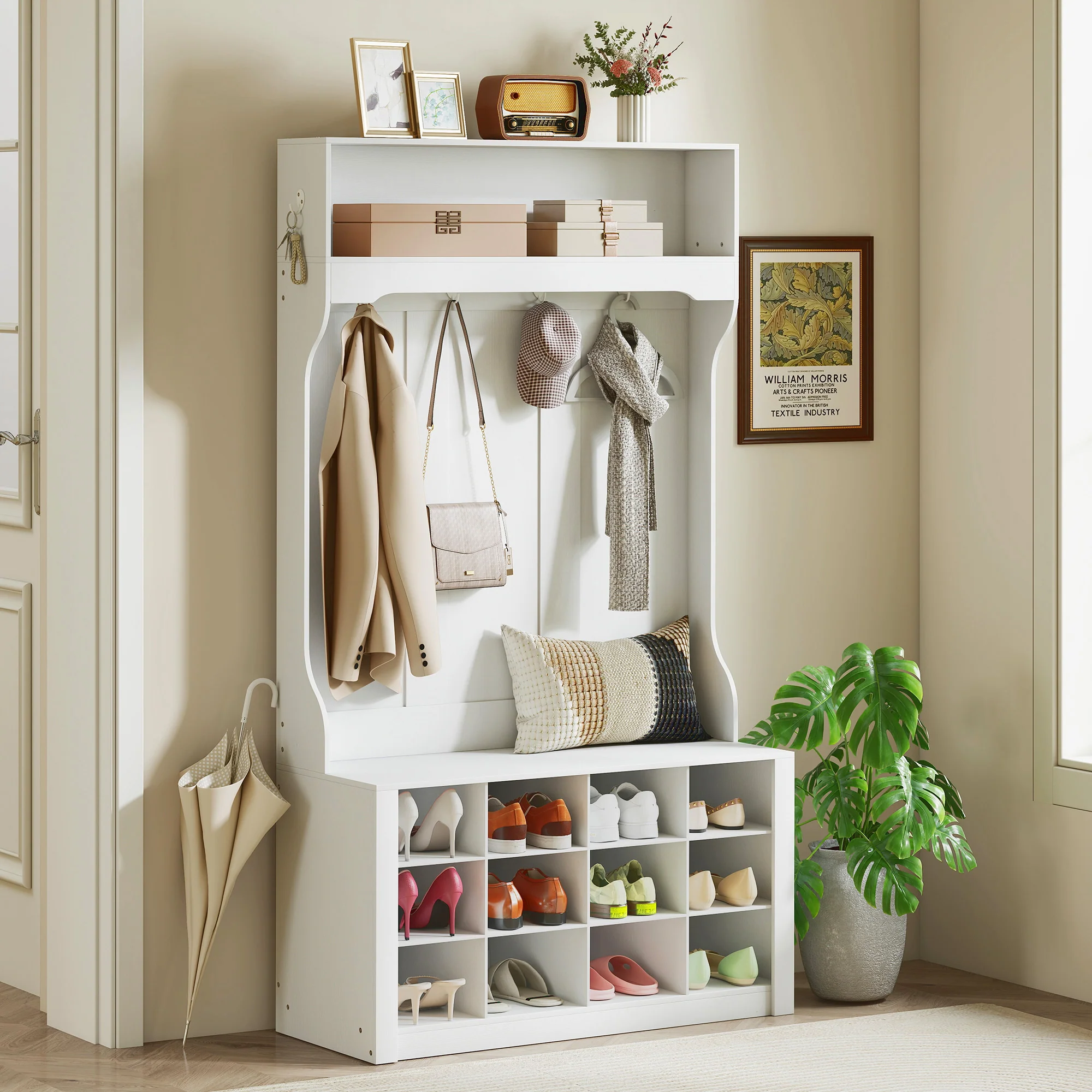4-In-1 Hall Tree with Bench and Shoe Storage, Farmhouse Entryway Coat Rack Shoe Bench with 12 Shoe Cubbies, 6 Hooks and Open Shelf for Hallway, White - Image 3