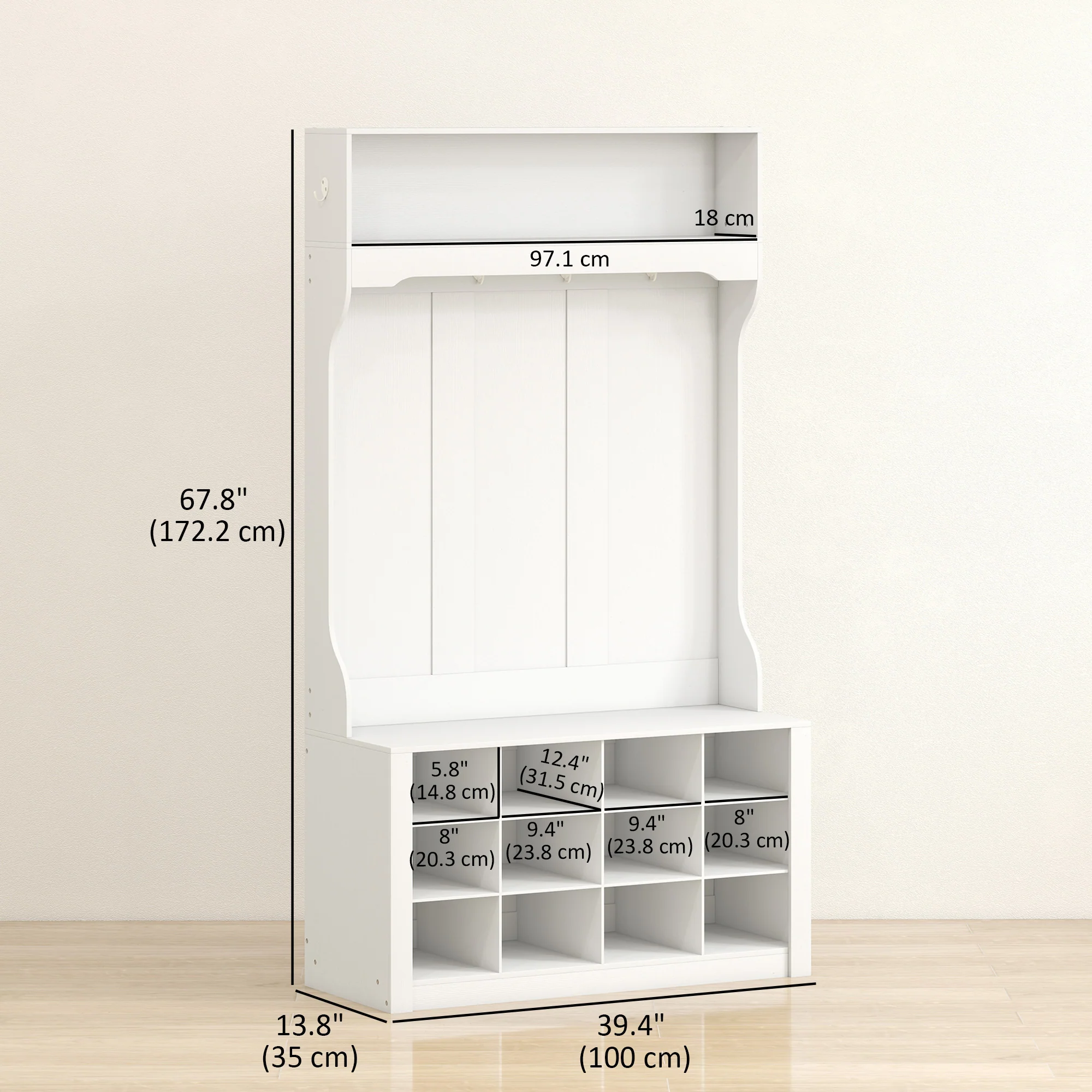 4-In-1 Hall Tree with Bench and Shoe Storage, Farmhouse Entryway Coat Rack Shoe Bench with 12 Shoe Cubbies, 6 Hooks and Open Shelf for Hallway, White - Image 5