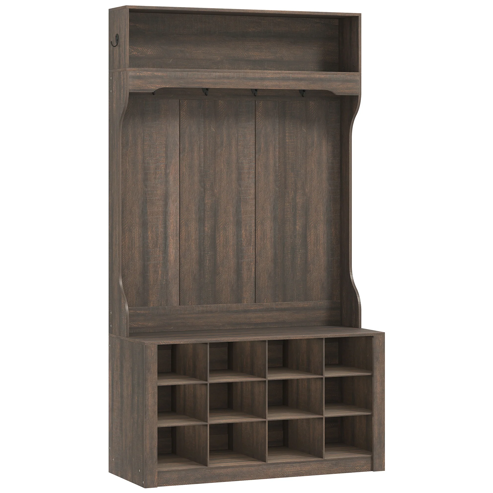 4-In-1 Hall Tree with Bench and Shoe Storage, Farmhouse Entryway Coat Rack Shoe Bench with 12 Shoe Cubbies, 6 Hooks and Open Shelf for Hallway, Dark Brown - Image 12