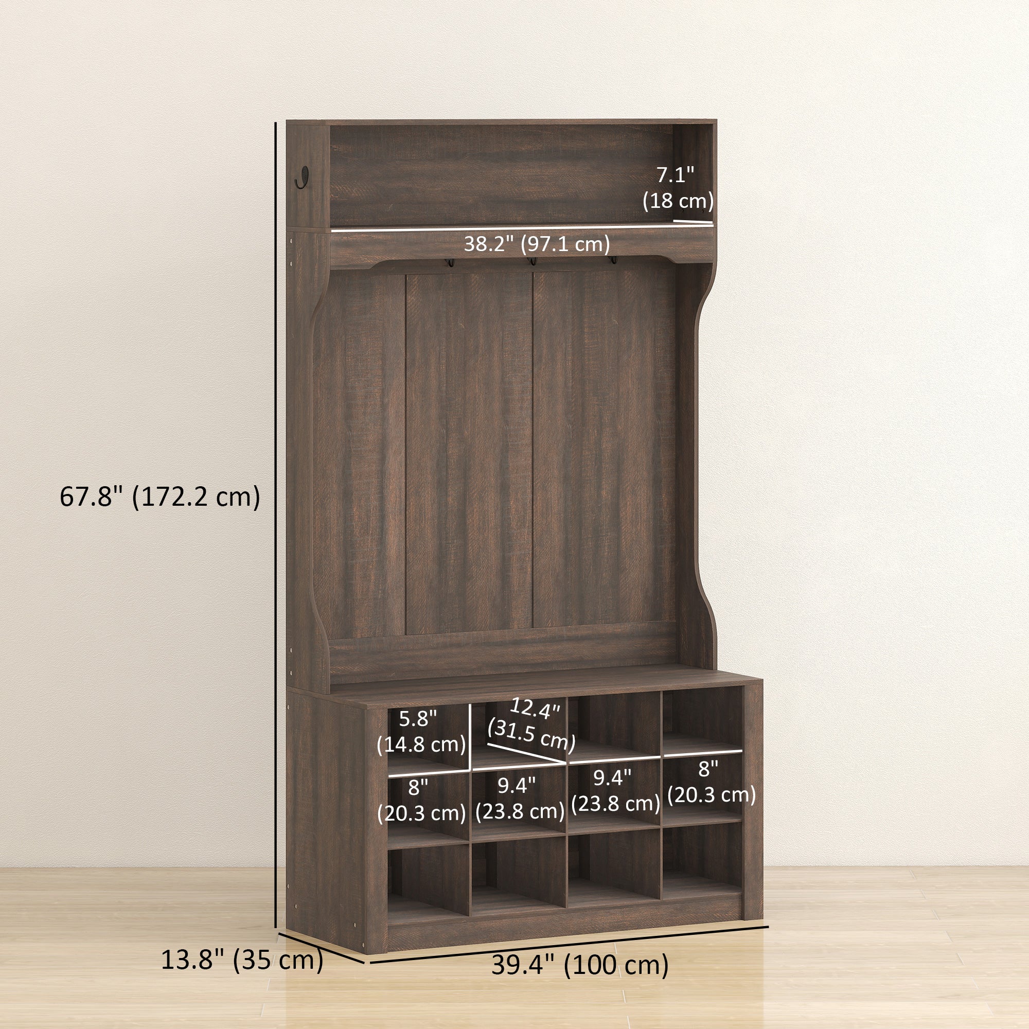 4-In-1 Hall Tree with Bench and Shoe Storage, Farmhouse Entryway Coat Rack Shoe Bench with 12 Shoe Cubbies, 6 Hooks and Open Shelf for Hallway, Dark Brown - Image 5
