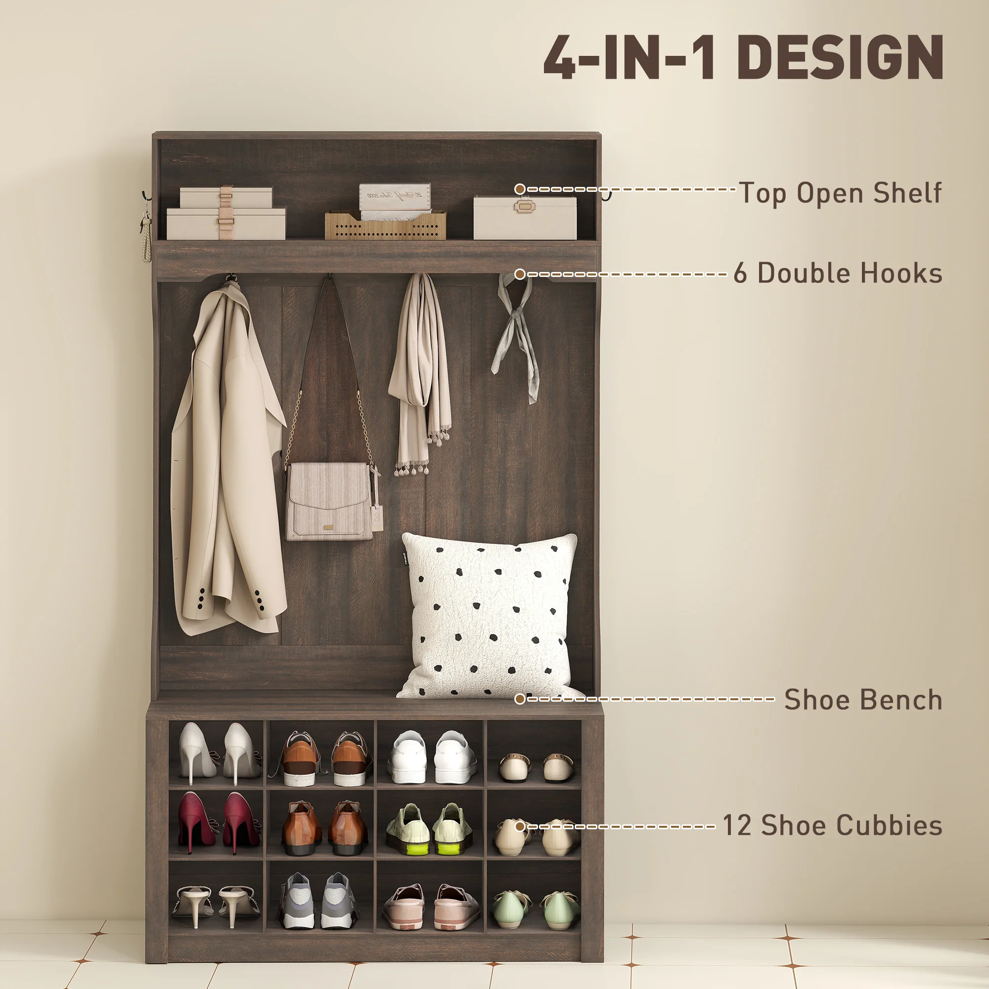 4-In-1 Hall Tree with Bench and Shoe Storage, Farmhouse Entryway Coat Rack Shoe Bench with 12 Shoe Cubbies, 6 Hooks and Open Shelf for Hallway, Dark Brown - Image 6