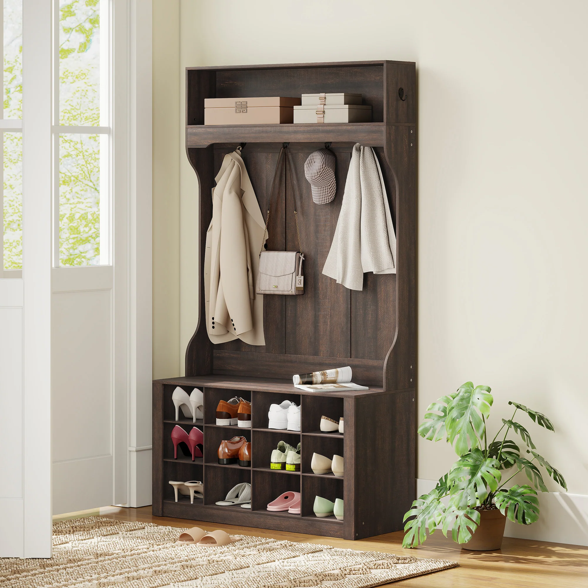 4-In-1 Hall Tree with Bench and Shoe Storage, Farmhouse Entryway Coat Rack Shoe Bench with 12 Shoe Cubbies, 6 Hooks and Open Shelf for Hallway, Dark Brown - Image 9