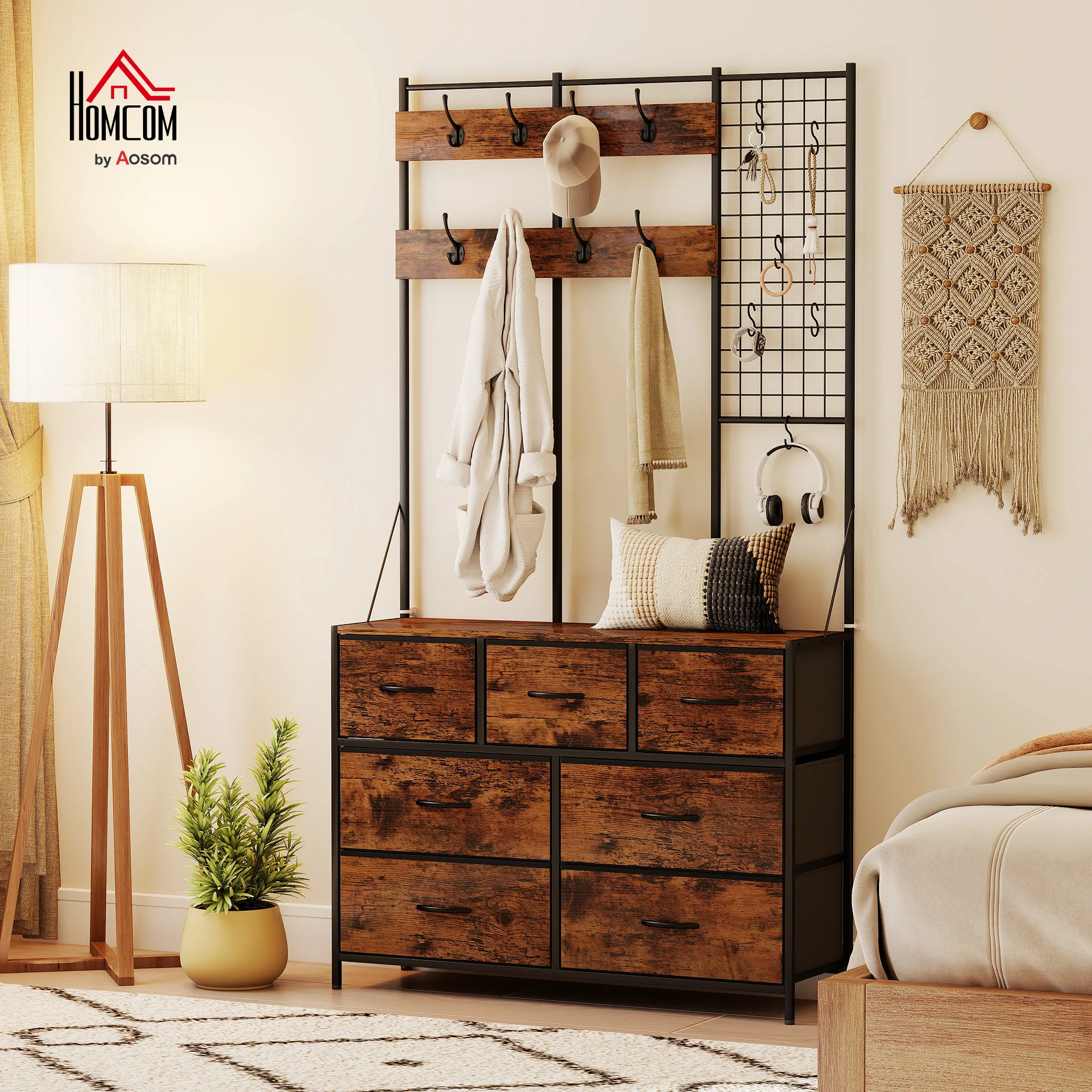 4-In-1 Hall Tree with Fabric Dresser, Industrial Coat Rack with 7 Drawers, 14 Hooks, Grid Panel, Coat Hanger Stand for Hallway, Entryway, Bedroom, Living Room, Rustic Brown - Image 3