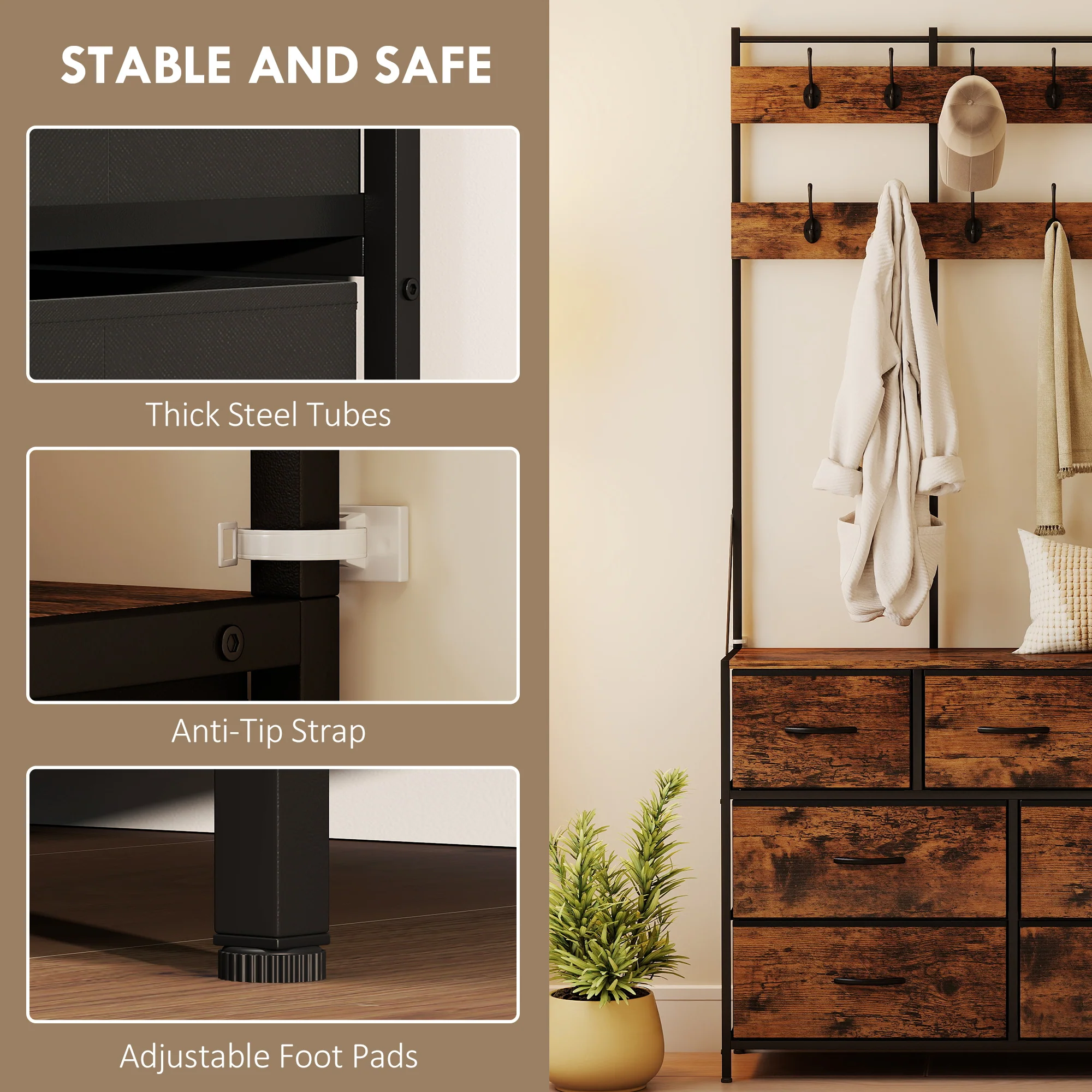 4-In-1 Hall Tree with Fabric Dresser, Industrial Coat Rack with 7 Drawers, 14 Hooks, Grid Panel, Coat Hanger Stand for Hallway, Entryway, Bedroom, Living Room, Rustic Brown - Image 9