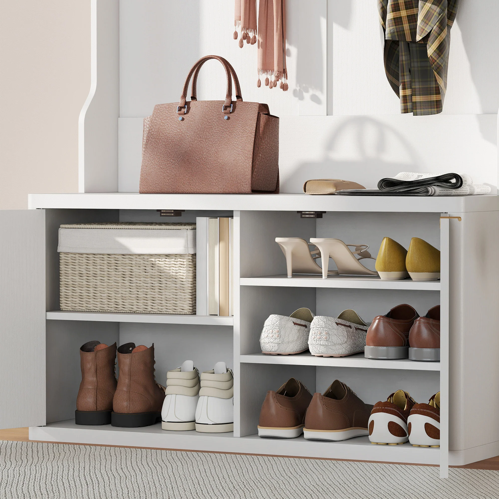 4-In-1 Hall Tree with Shoe Bench, Modern Coat Rack with Shoe Rack and Open Shelf for Hallway, Entryway, Bedroom, Living Room, White - Image 10