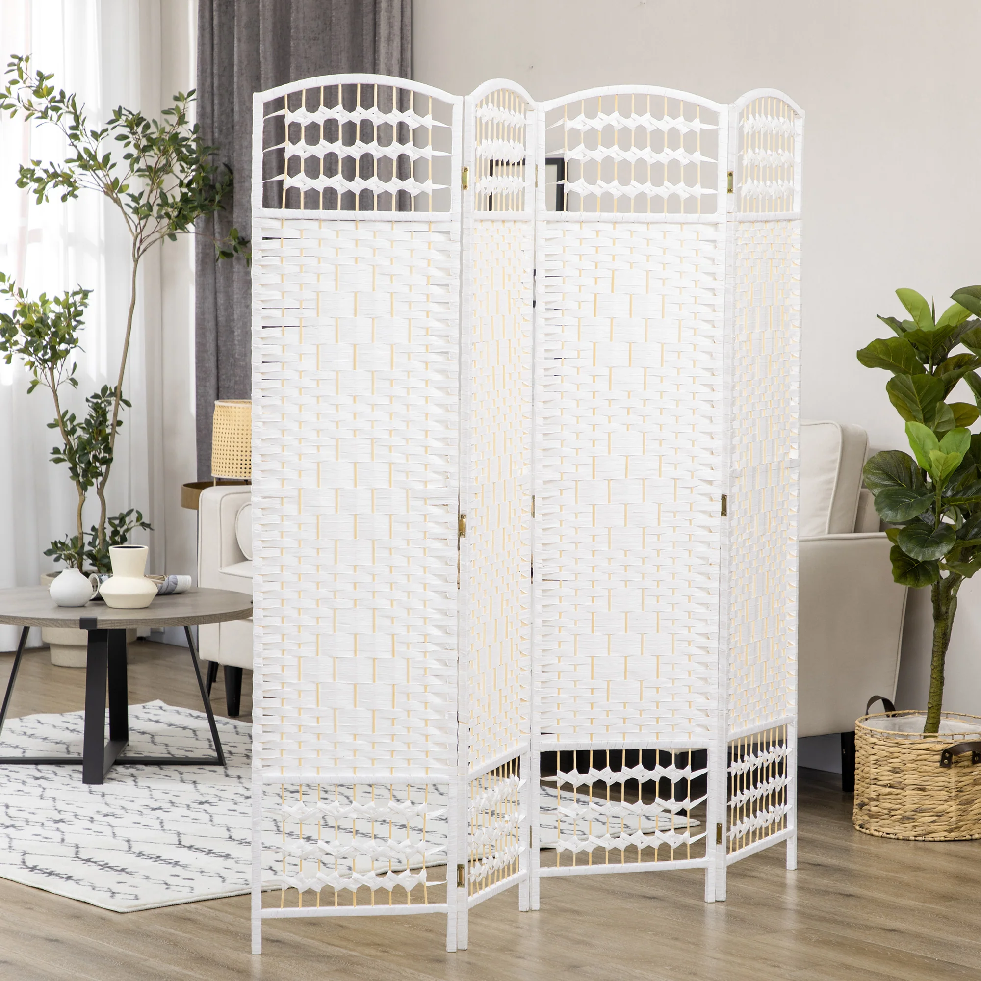 4 Panel Folding Room Divider, Freestanding Partition Separator Screen, 160 x 170cm, White - Image 4