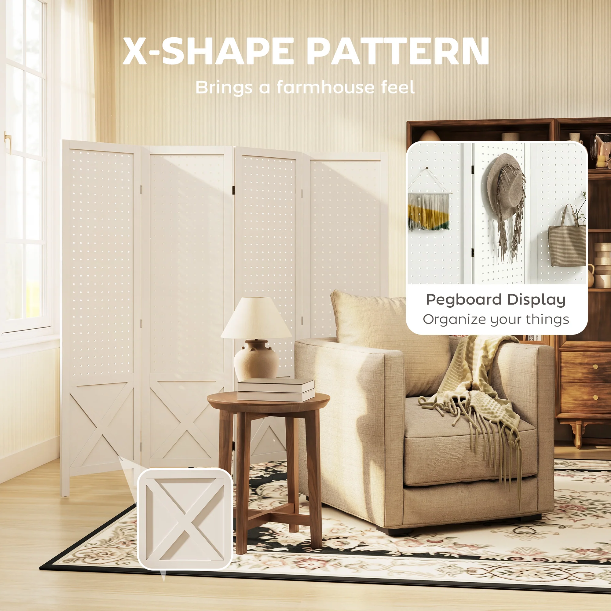 4 Panel Pegboard Display Room Divider, 56.9" Tall Wood Indoor Portable Folding Privacy Screen, Partition Wall Divider for Bedroom, White - Image 6