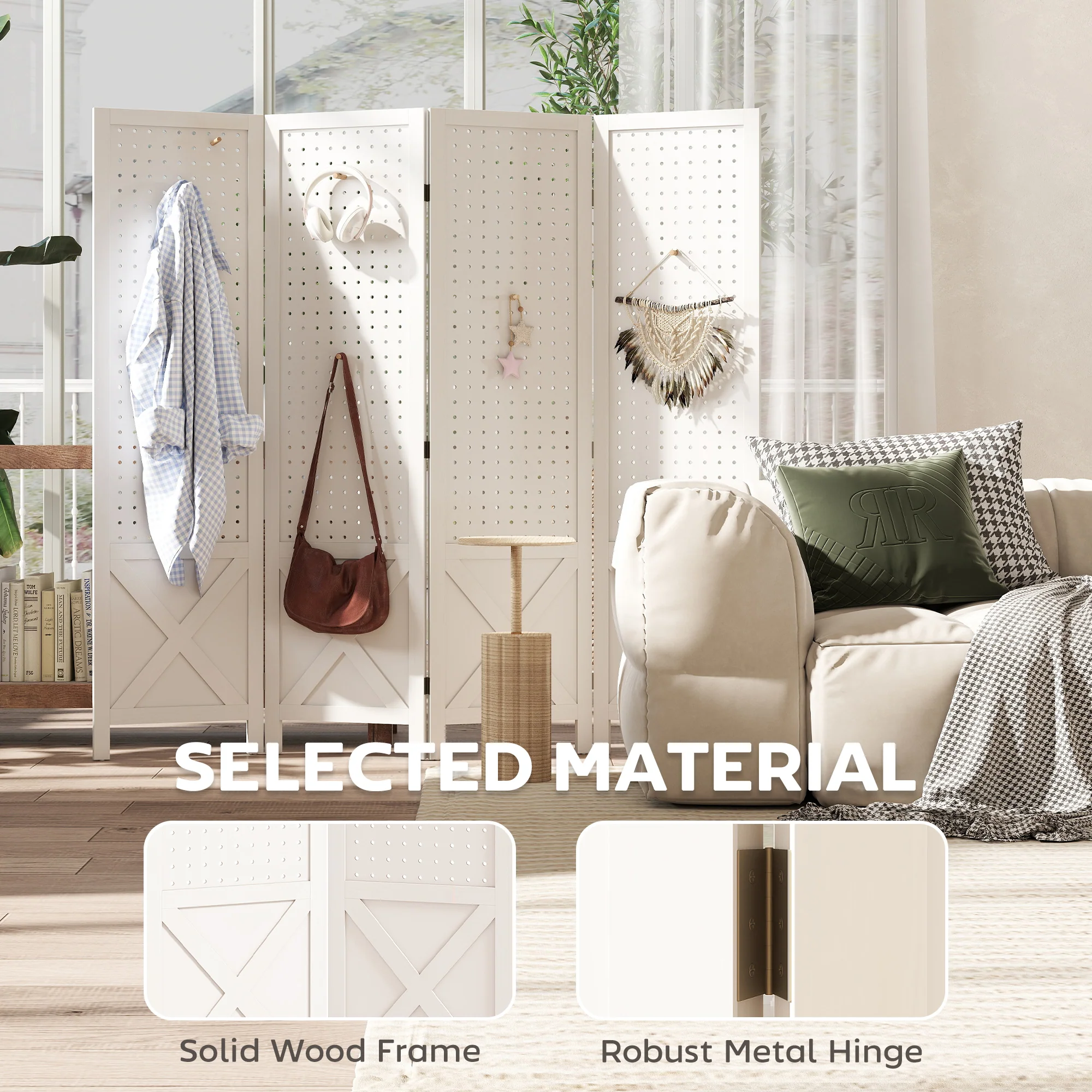 4 Panel Pegboard Display Room Divider, 56.9" Tall Wood Indoor Portable Folding Privacy Screen, Partition Wall Divider for Bedroom, White - Image 7