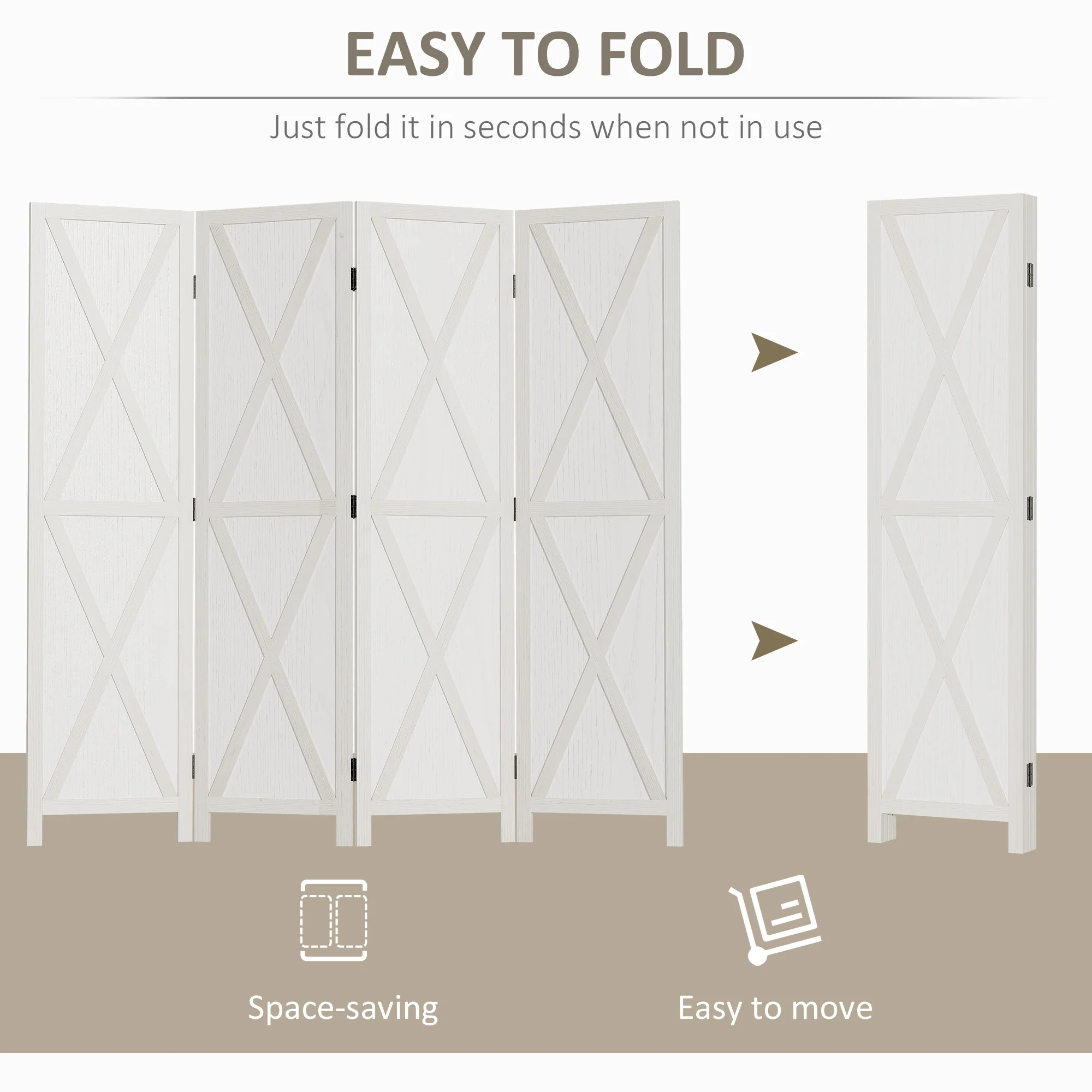 4 Panel Room Divider, 5.6 Ft Freestanding Wooden Folding Privacy Screen for Bedroom, White - Image 6