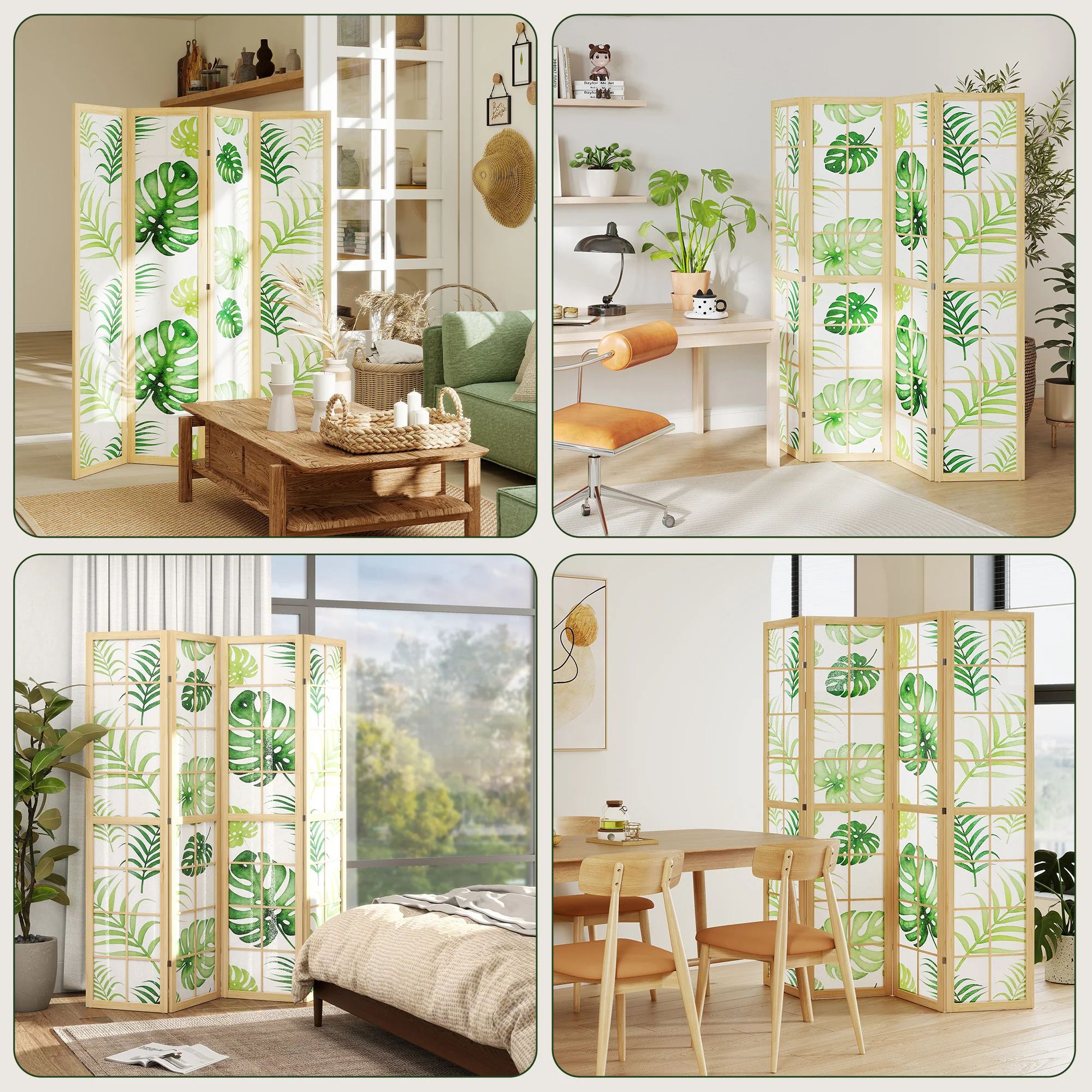4 Panel Room Divider, 67" Boho Folding Privacy Screen with Tropical Palm Leaf Design, Freestanding Pine Wood Partition for Living Room Bedroom Office, Natural and Green - Image 10