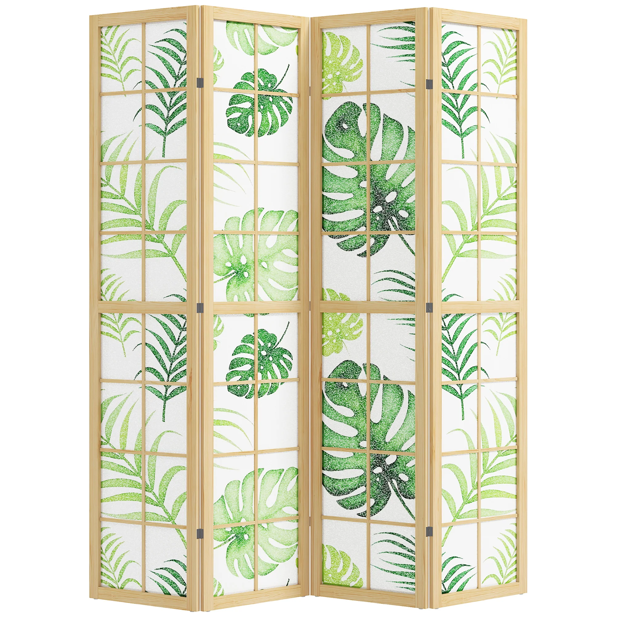 4 Panel Room Divider, 67" Boho Folding Privacy Screen with Tropical Palm Leaf Design, Freestanding Pine Wood Partition for Living Room Bedroom Office, Natural and Green - Image 12