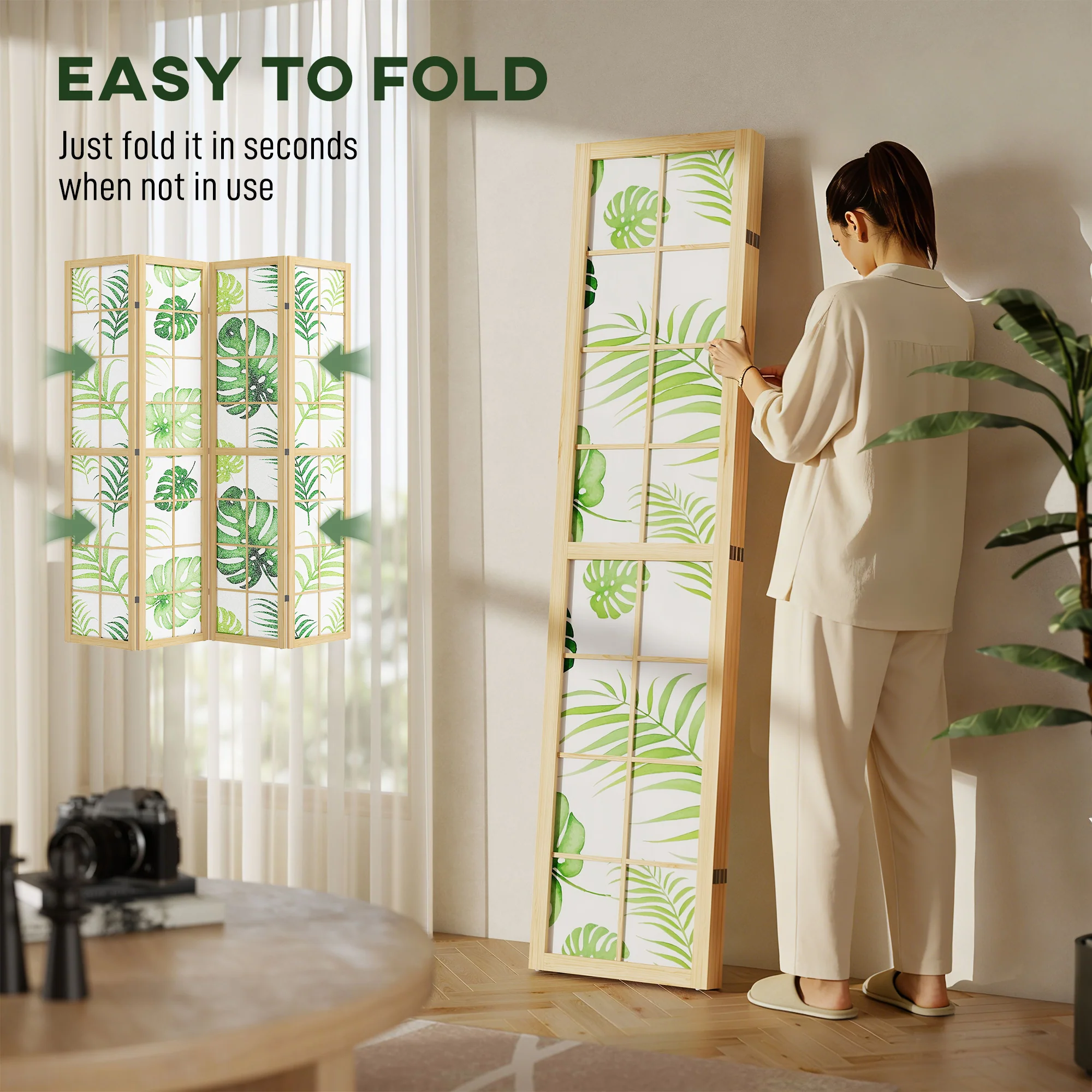 4 Panel Room Divider, 67" Boho Folding Privacy Screen with Tropical Palm Leaf Design, Freestanding Pine Wood Partition for Living Room Bedroom Office, Natural and Green - Image 9