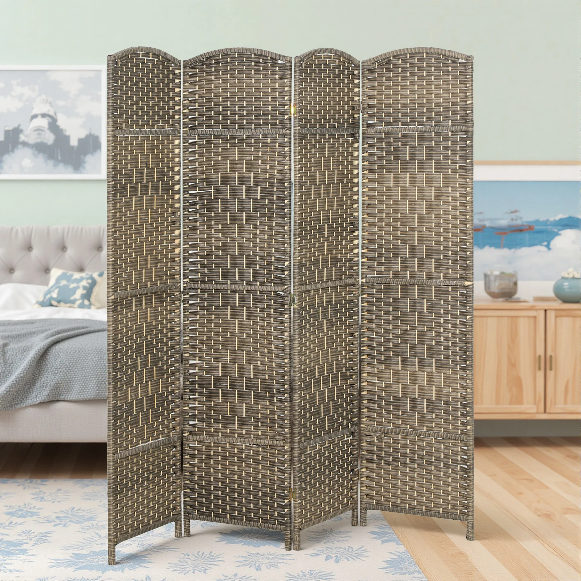 4 Panel Room Divider, 6' Tall Folding Privacy Screen, Hand-Woven Freestanding Wall Partition for Home Office, Bedroom, Dark Rustic Oak - Image 3