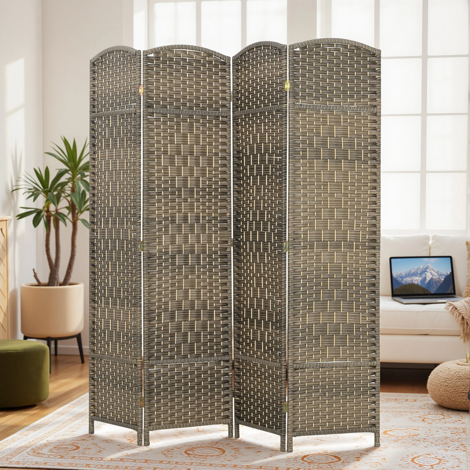 4 Panel Room Divider, 6' Tall Folding Privacy Screen, Hand-Woven Freestanding Wall Partition for Home Office, Bedroom, Dark Rustic Oak - Image 4