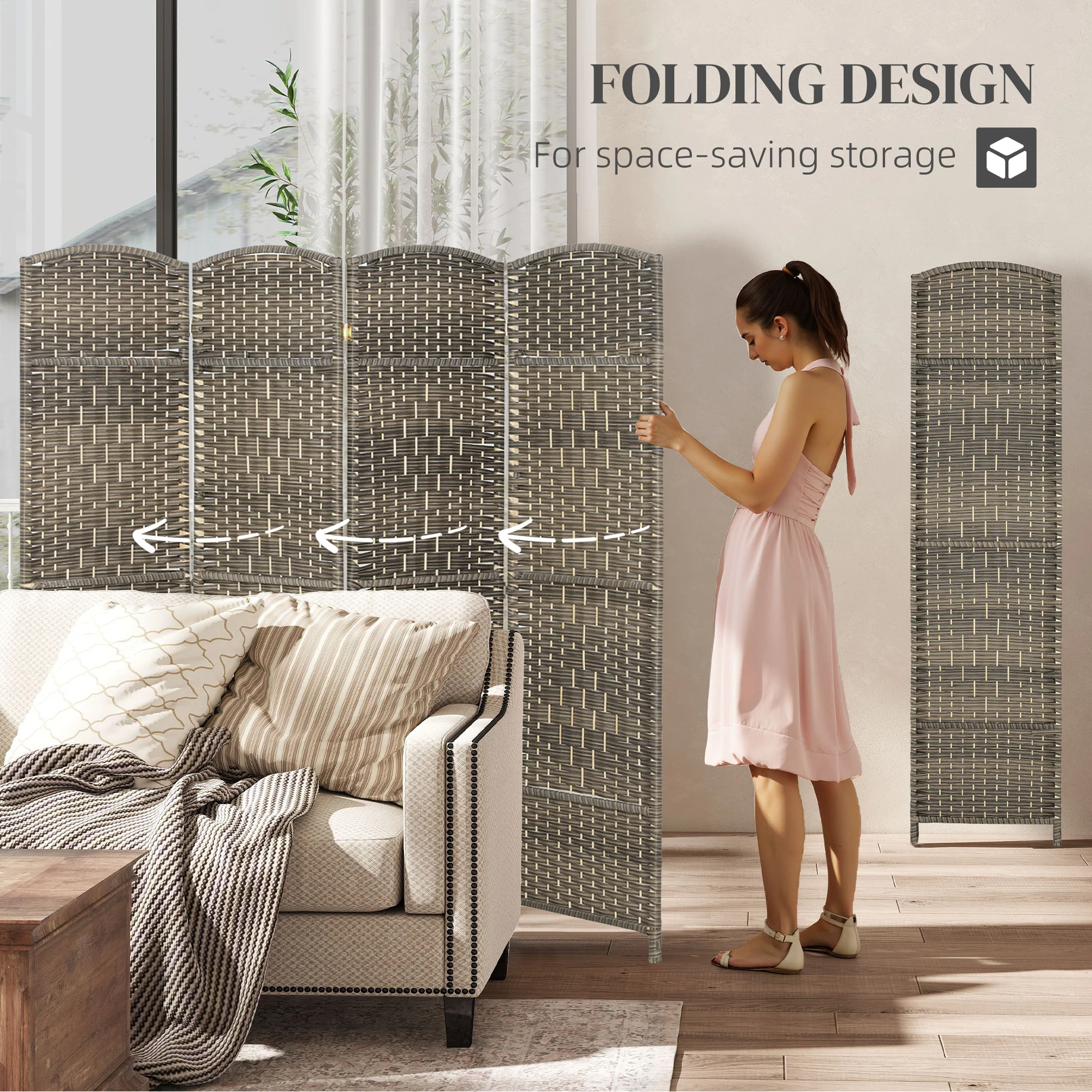 4 Panel Room Divider, 6' Tall Folding Privacy Screen, Hand-Woven Freestanding Wall Partition for Home Office, Bedroom, Dark Rustic Oak - Image 6