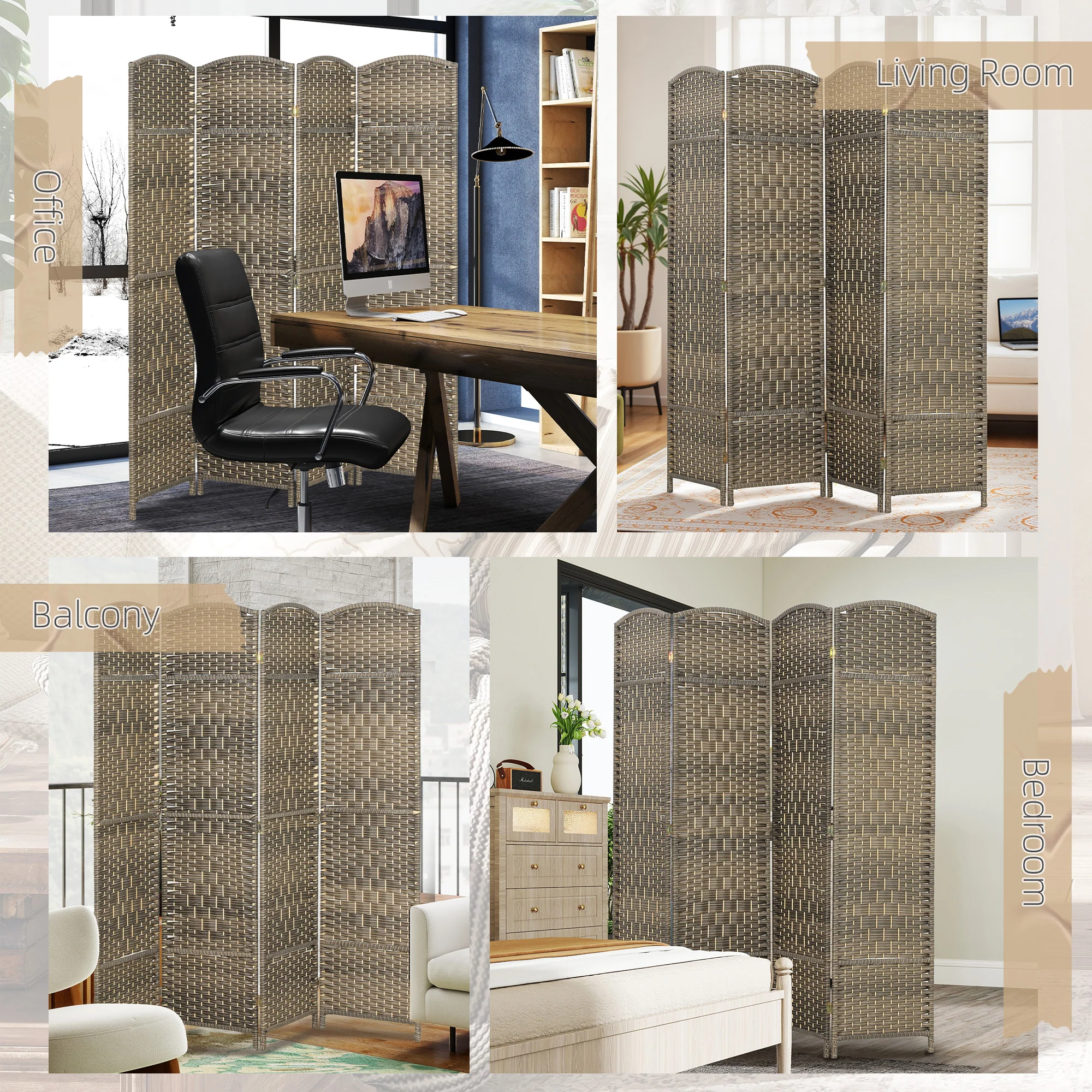 4 Panel Room Divider, 6' Tall Folding Privacy Screen, Hand-Woven Freestanding Wall Partition for Home Office, Bedroom, Dark Rustic Oak - Image 9