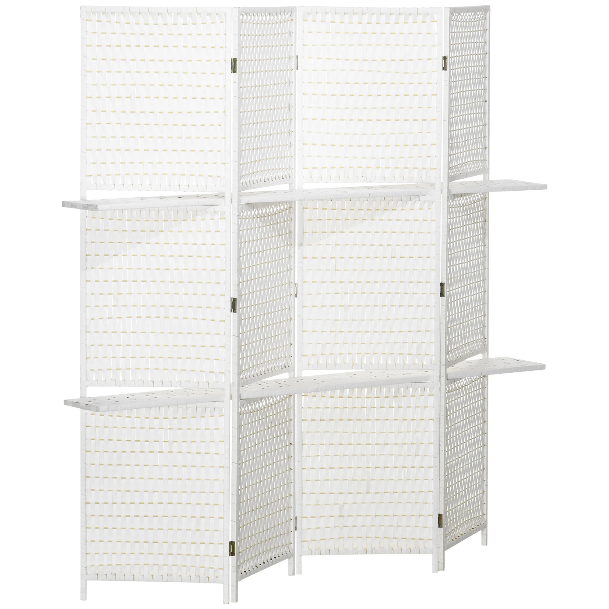 4 Panel Room Divider with Shelves, 6 FT Wave Fibre Freestanding Folding Privacy Screen, Partition Wall Divider for Indoor Bedroom Office, White