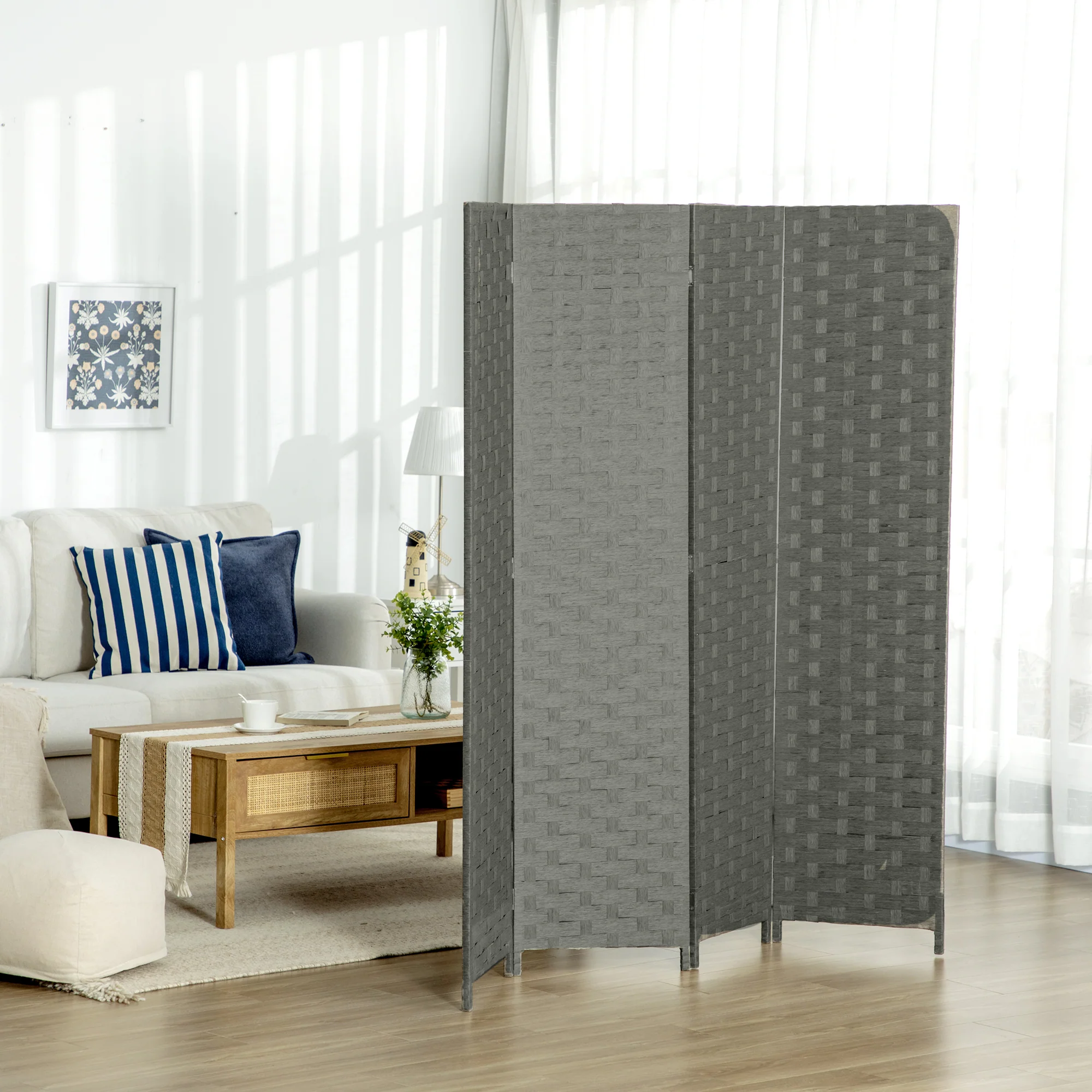 4-Panel Folding Room Dividers, Wave Fibre Freestanding Privacy Screen, 170 cm, Grey - Image 3