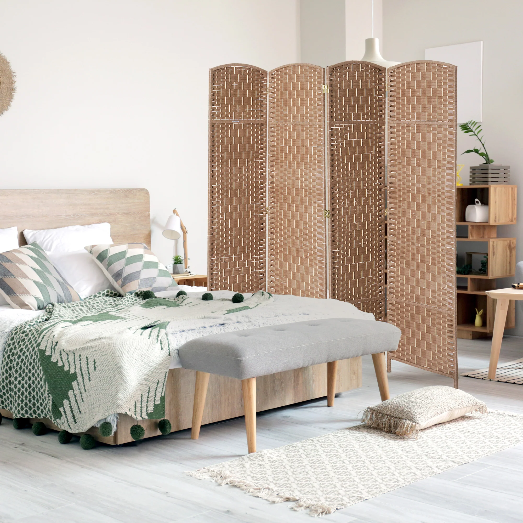 6 Ft Tall Indoor Portable Folding Room Divider, 4 Panels Hand-Woven Privacy Screens, Natural - Image 10