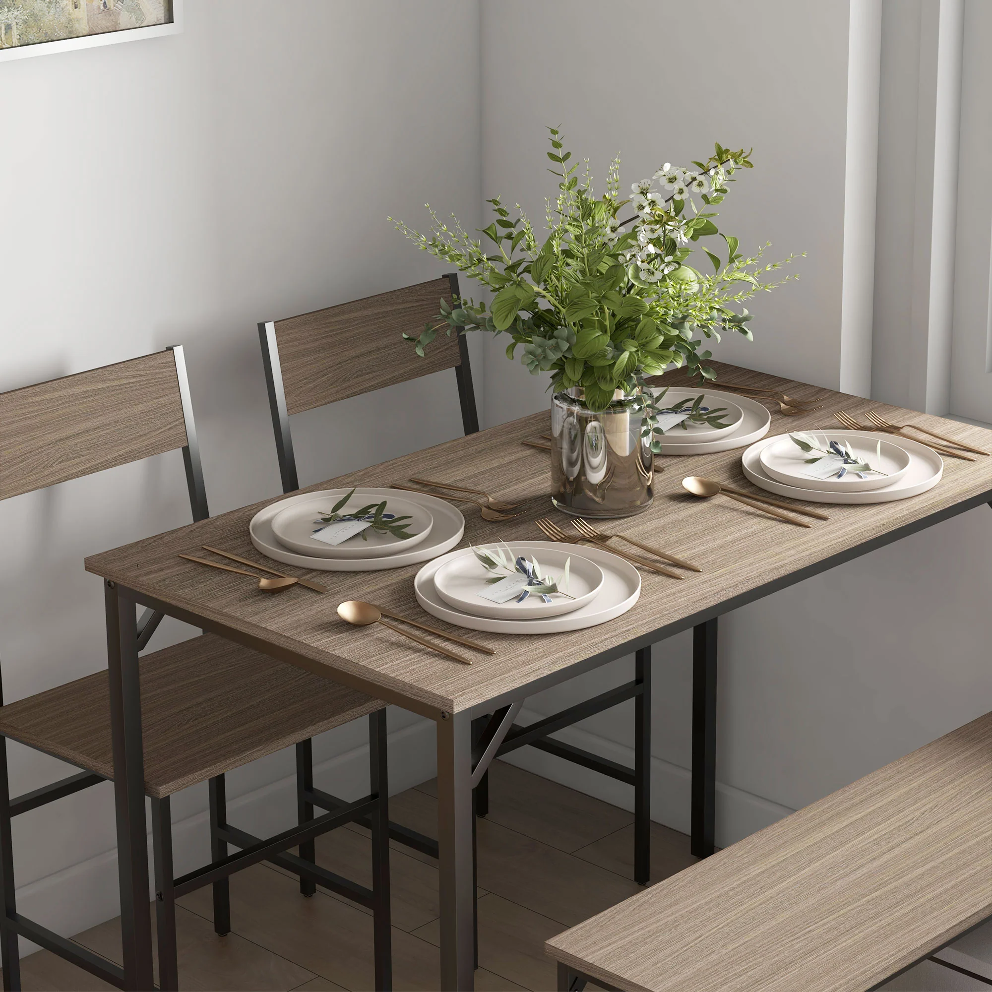 Dining Table & Chairs Set of 4 with 2 Chairs and Bench with Shelf for Small Spaces, Grey - Image 10