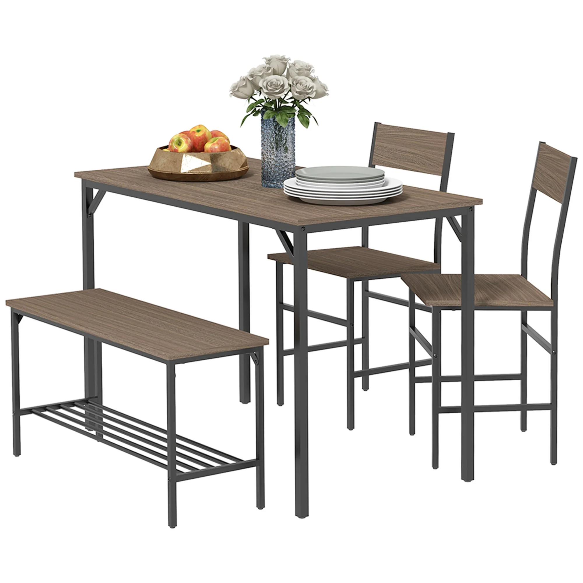 Dining Table & Chairs Set of 4 with 2 Chairs and Bench with Shelf for Small Spaces, Grey - Image 2