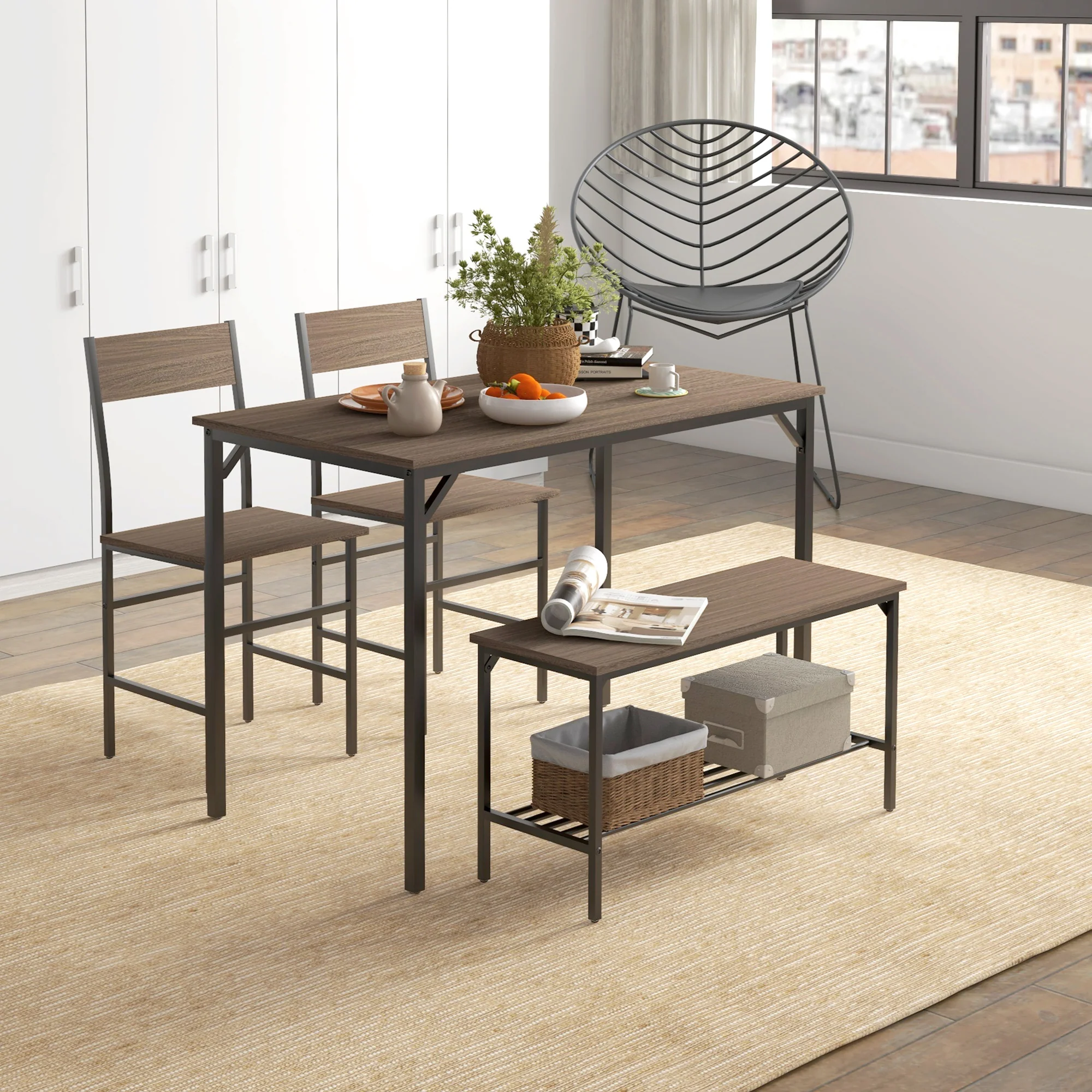 Dining Table & Chairs Set of 4 with 2 Chairs and Bench with Shelf for Small Spaces, Grey - Image 3