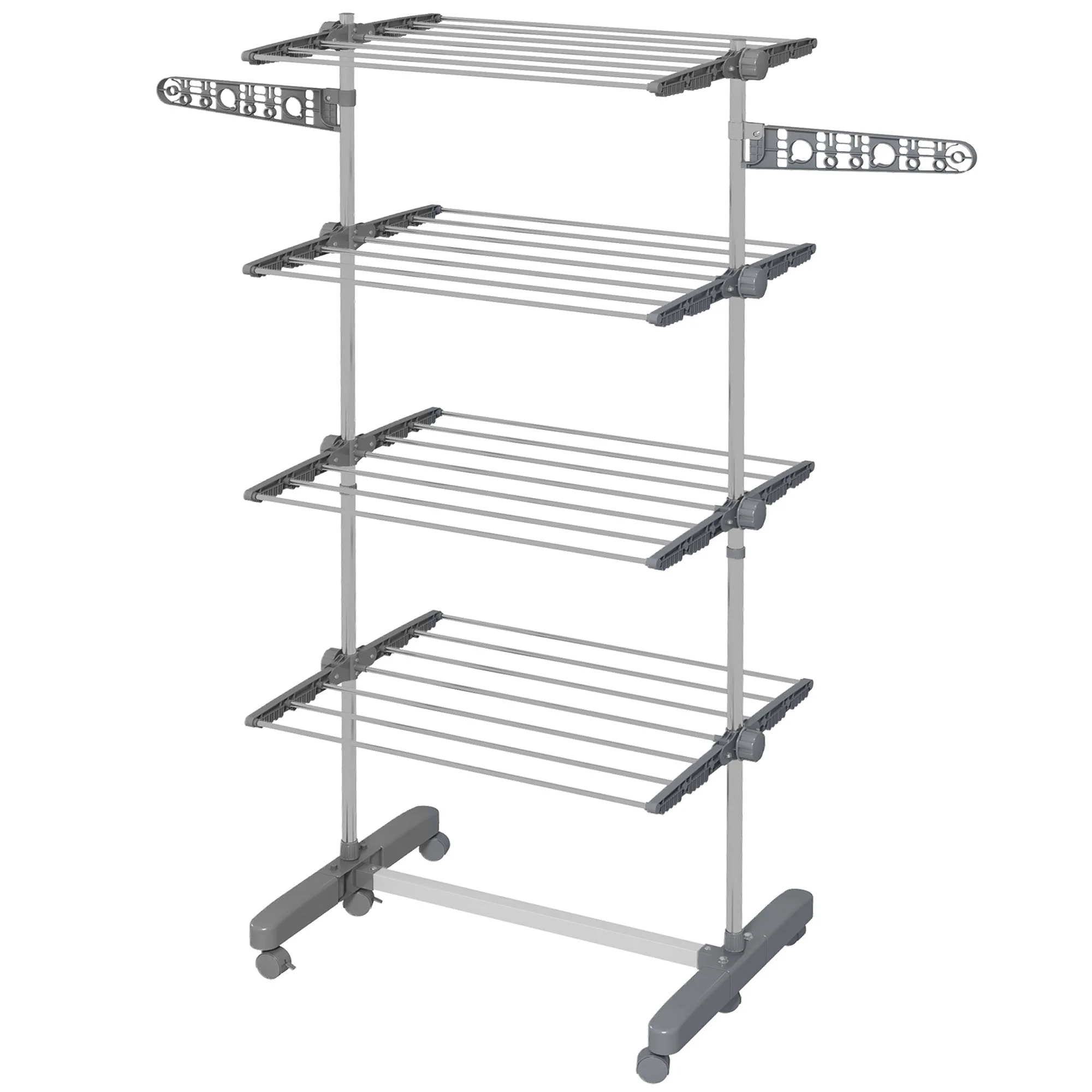 Foldable Clothes Drying Rack, 4-Tier Laundry Rack with 2 Side Wings and 6 Castors, Grey