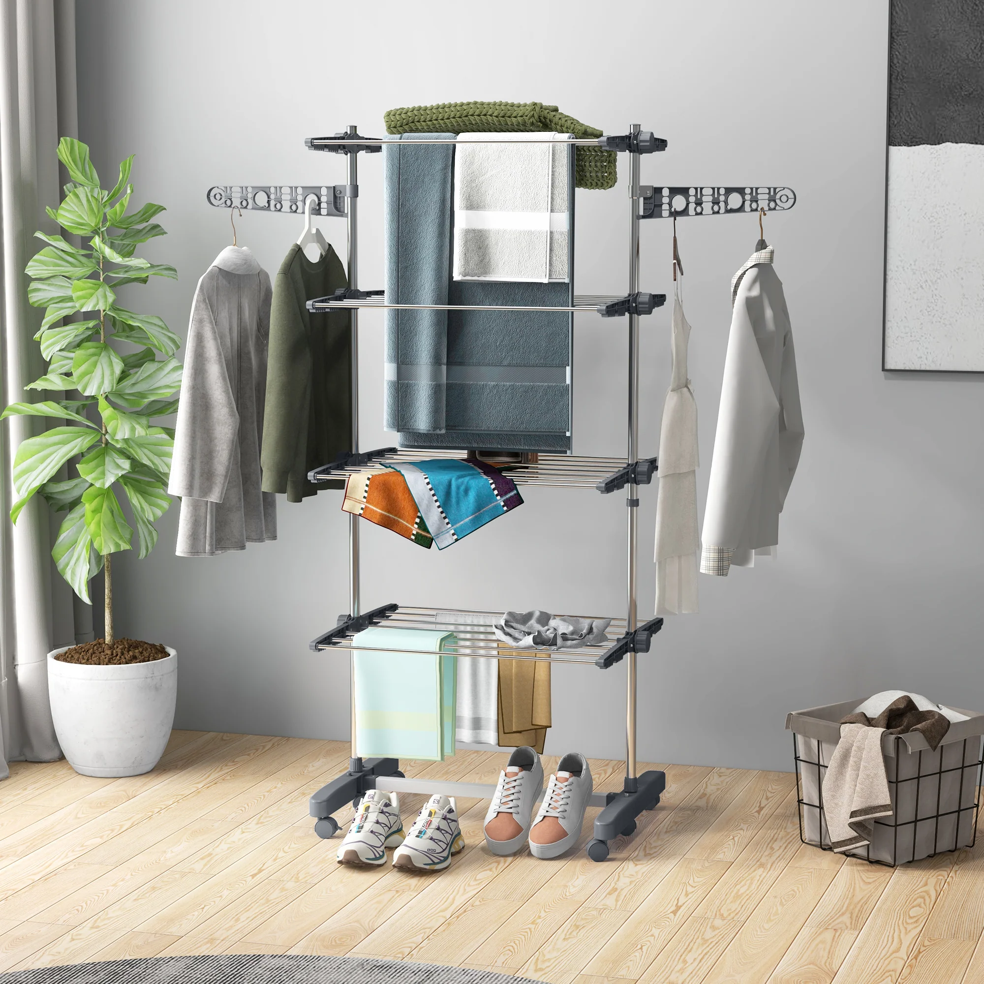 Foldable Clothes Drying Rack, 4-Tier Laundry Rack with 2 Side Wings and 6 Castors, Grey - Image 4
