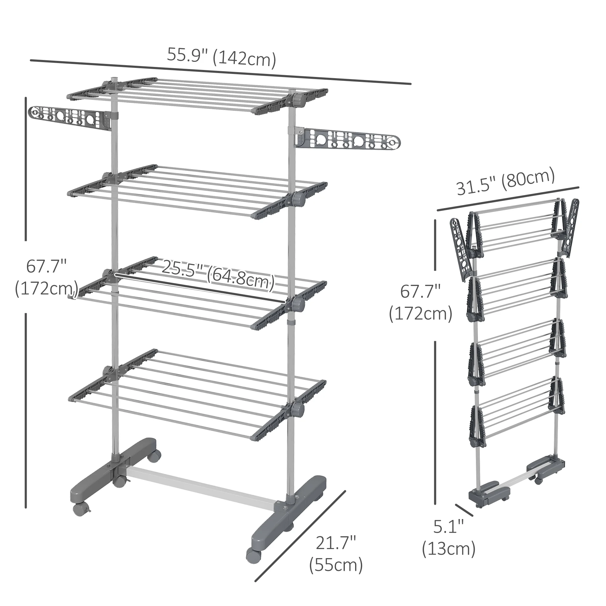 Foldable Clothes Drying Rack, 4-Tier Laundry Rack with 2 Side Wings and 6 Castors, Grey - Image 5