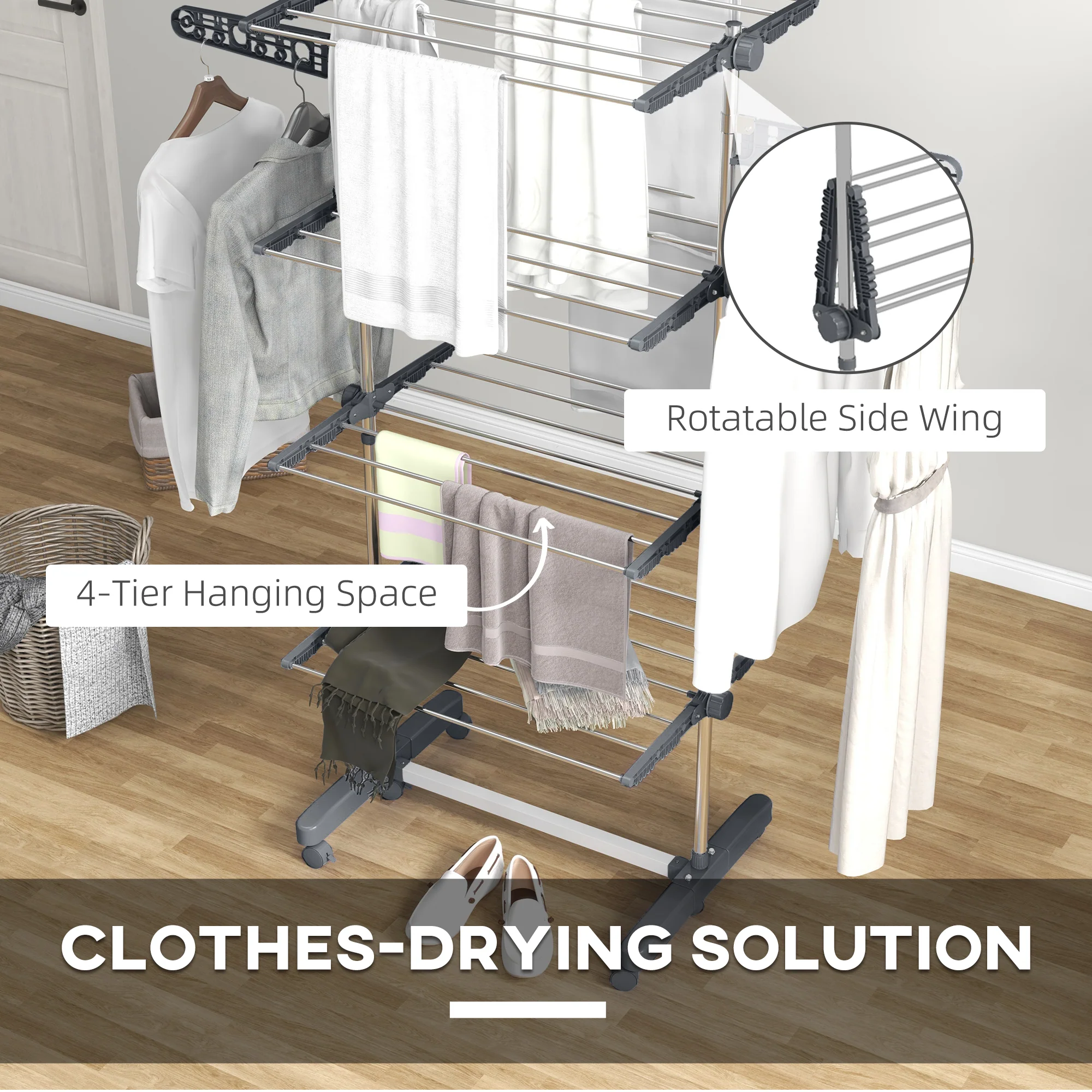 Foldable Clothes Drying Rack, 4-Tier Laundry Rack with 2 Side Wings and 6 Castors, Grey - Image 7