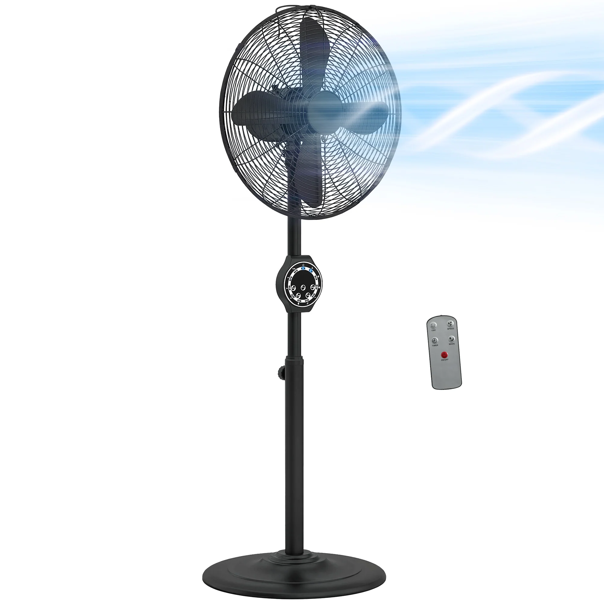 41cm Metal Pedestal Fan, Adjustable Metal Oscillating Fan with Remote & Timer, Black