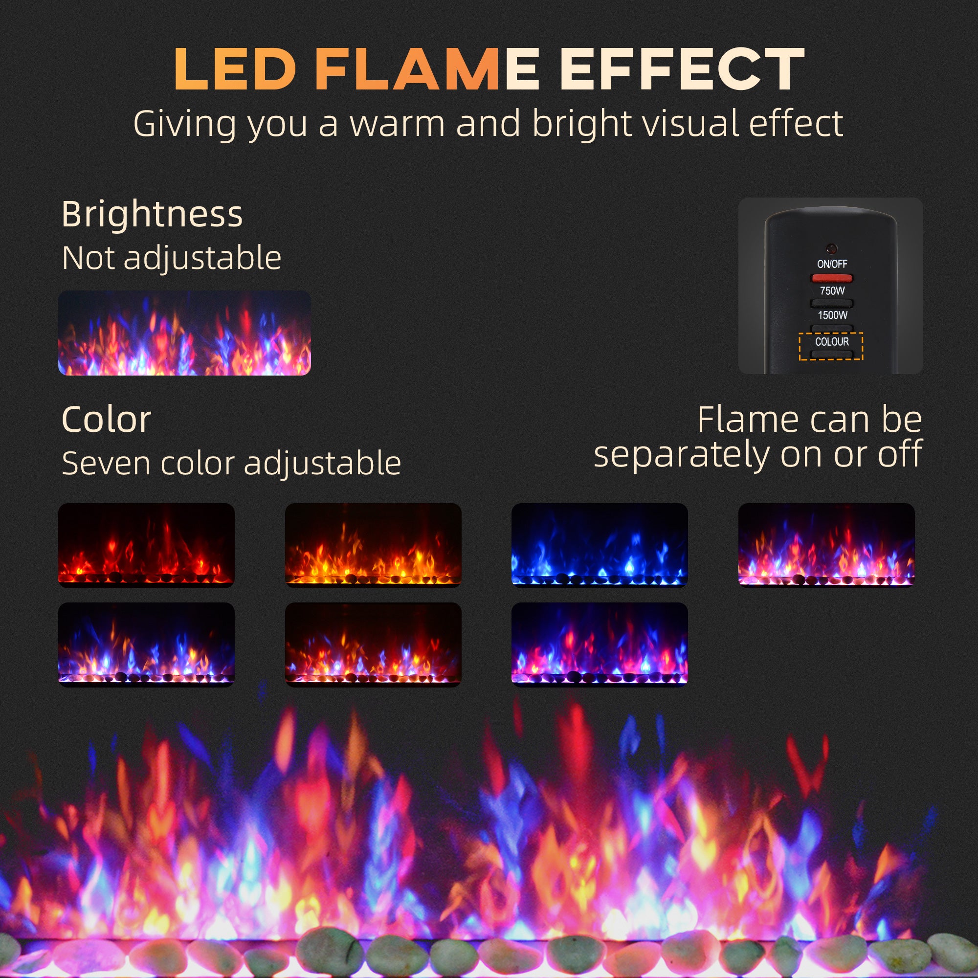 41 Inch Electric Fireplace, Wall Mounted Fireplace with Adjustable LED Flame Effect, Black - Image 6