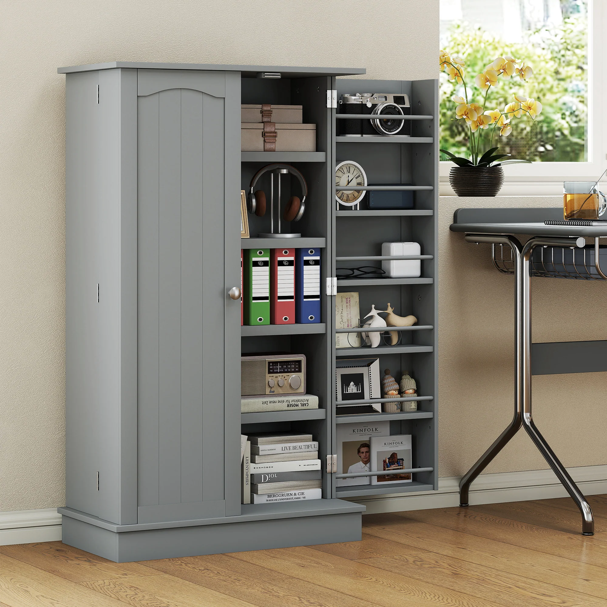 41" Kitchen Pantry Cabinet, 2-Door Buffet Storage Cabinet with 12 Spice Racks and Adjustable Shelves, Grey - Image 10