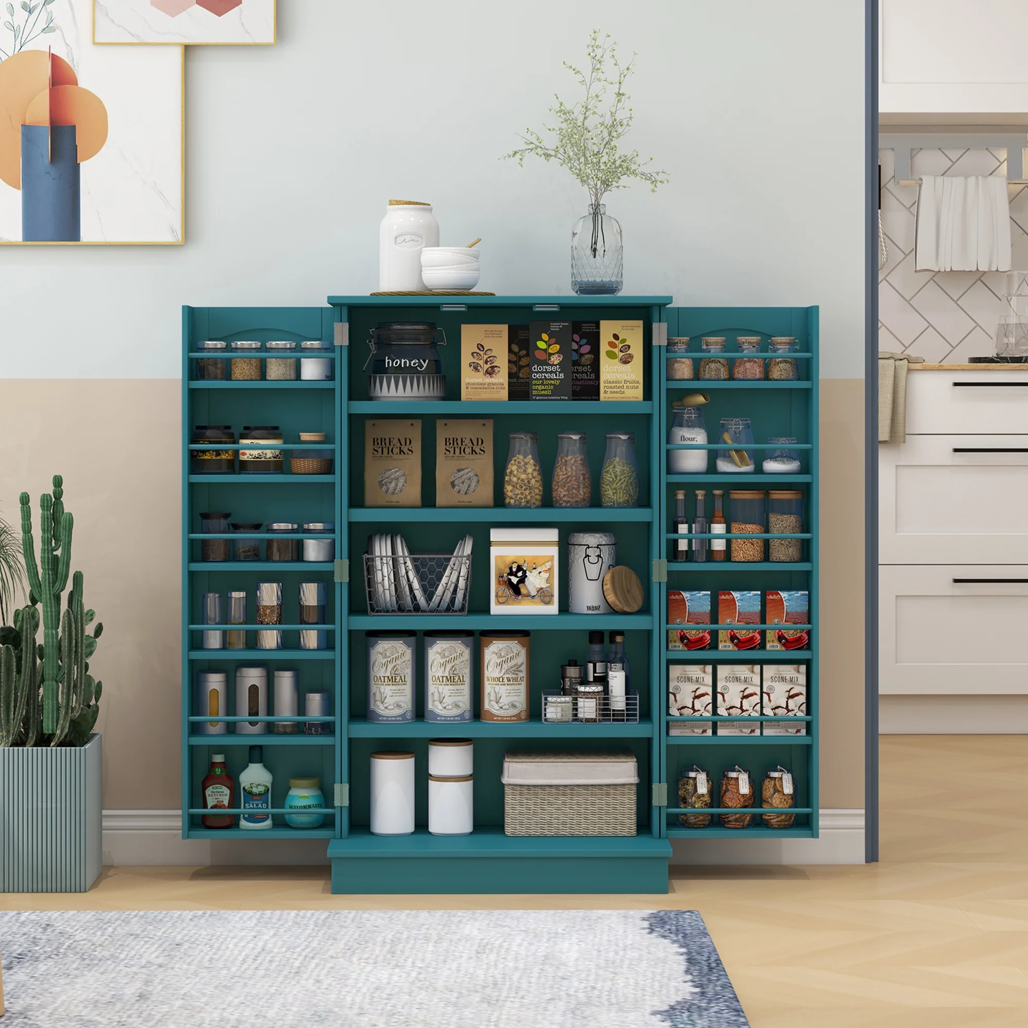 41" Kitchen Pantry Cabinet, 2-Door Buffet Storage Cabinet with 12 Spice Racks and Adjustable Shelves, Teal Blue - Image 3