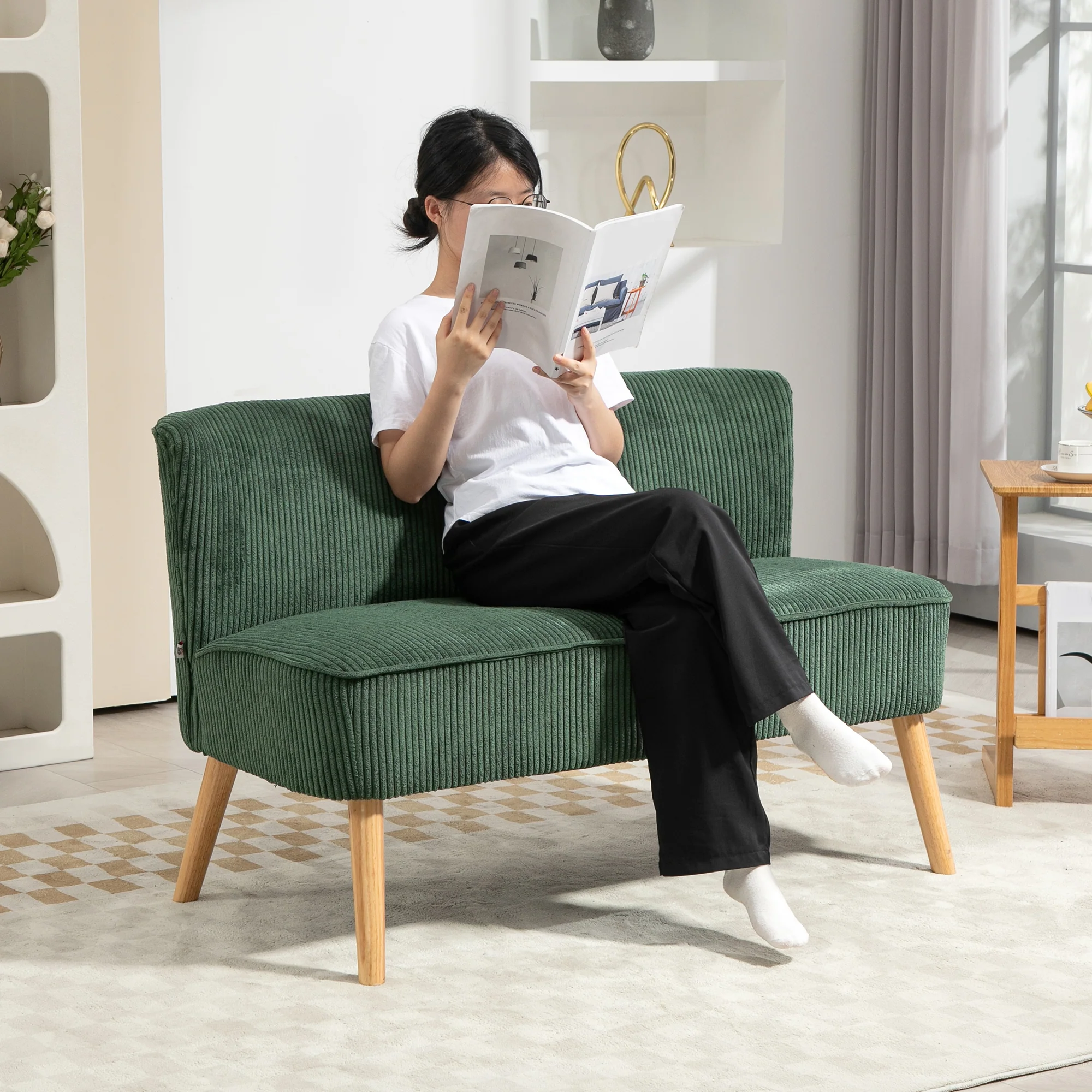 46" Loveseat Sofa, Corduroy Fabric 2 Seater Sofa Couch with Thick Padded Seat and Rubber Wood Legs, Upholstered Small Couch for Living Room, Home Office, Green - Image 4