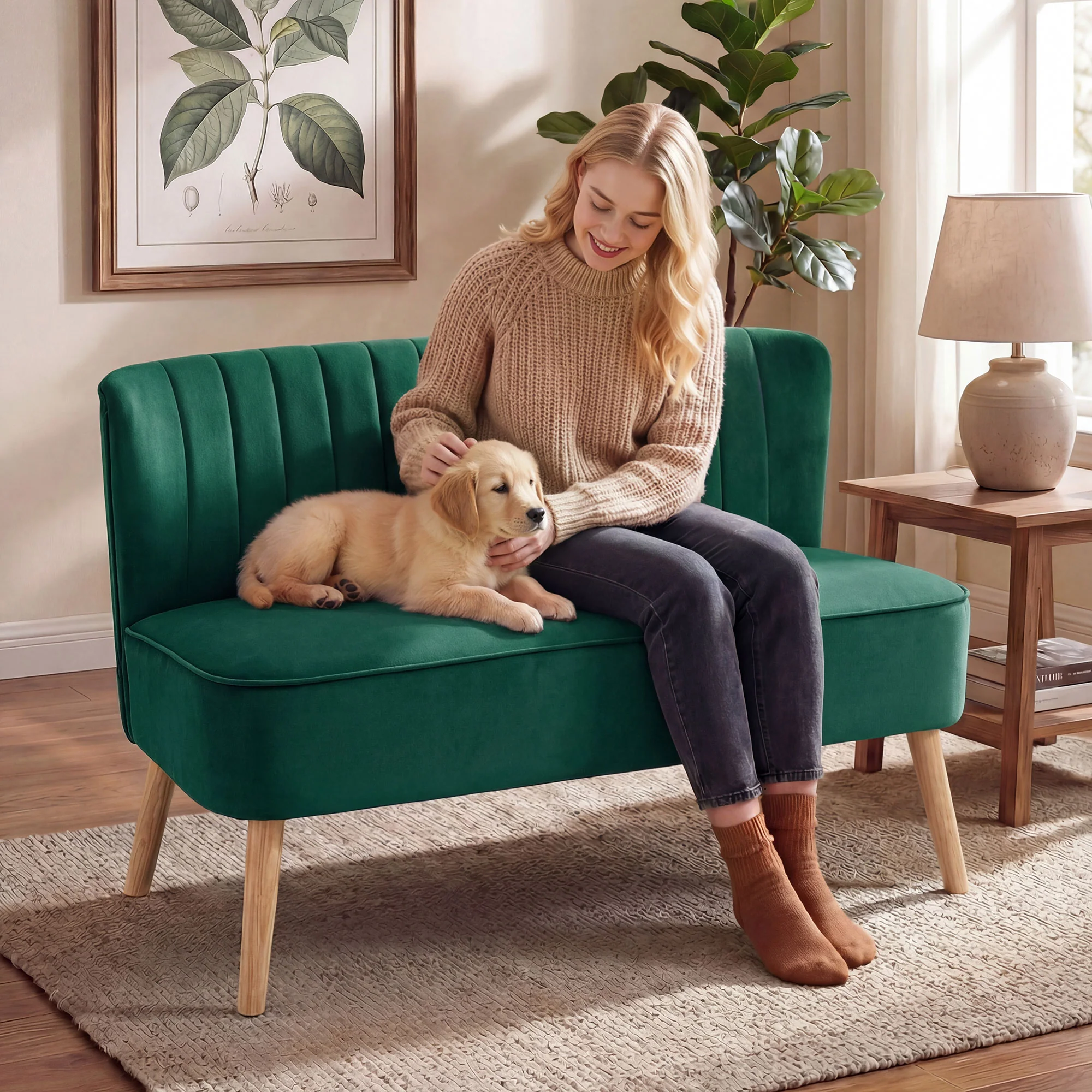 46" Loveseat Sofa, Linen Fabric Upholstered 2 Seater Small Sofa with Thick Padded Seat and Rubber Wood Legs for Living Room, Home Office, Dark Green - Image 10