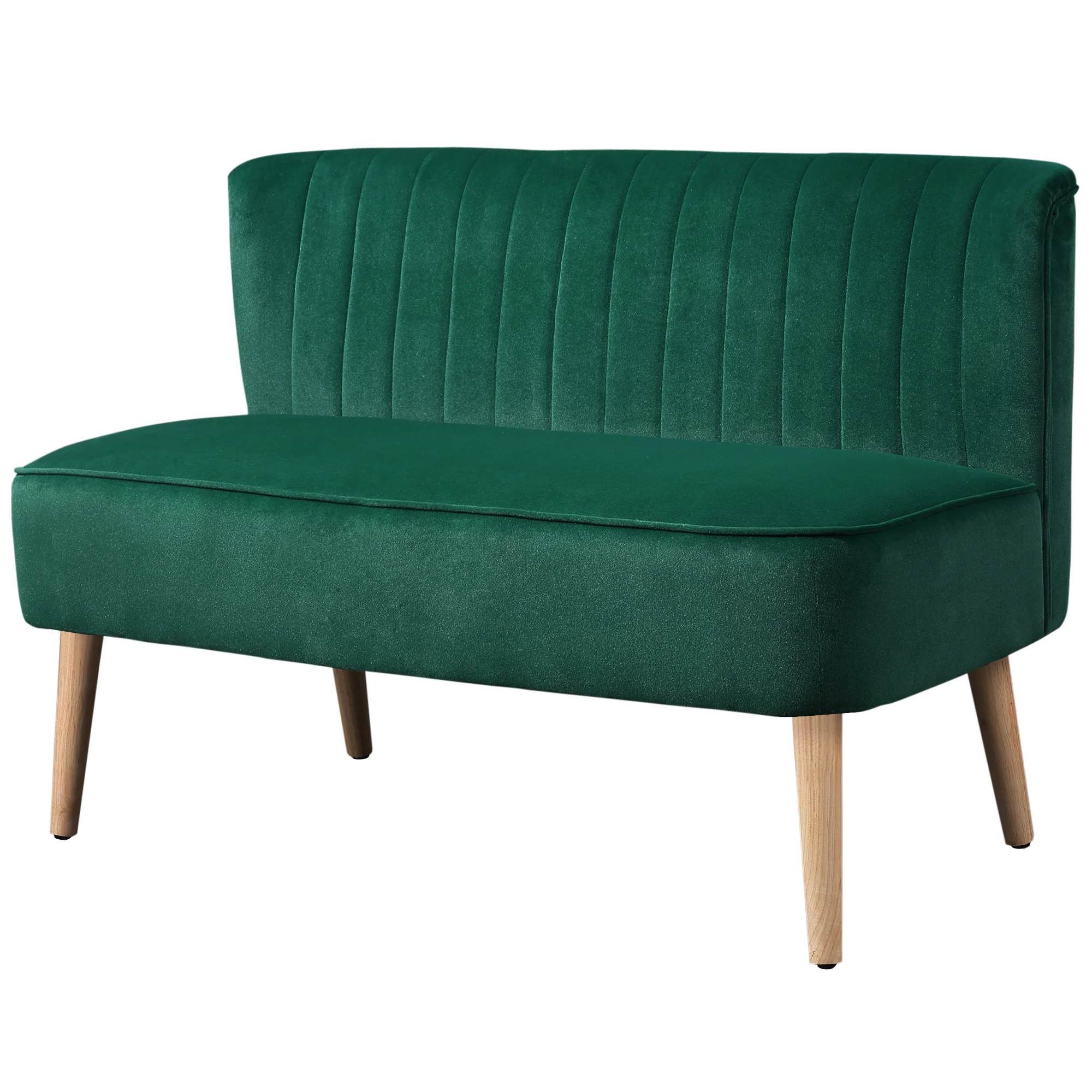 46" Loveseat Sofa, Linen Fabric Upholstered 2 Seater Small Sofa with Thick Padded Seat and Rubber Wood Legs for Living Room, Home Office, Dark Green - Image 2