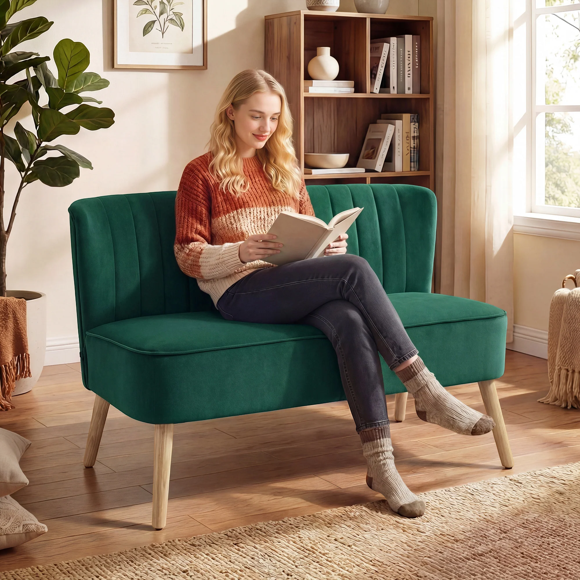 46" Loveseat Sofa, Linen Fabric Upholstered 2 Seater Small Sofa with Thick Padded Seat and Rubber Wood Legs for Living Room, Home Office, Dark Green - Image 3