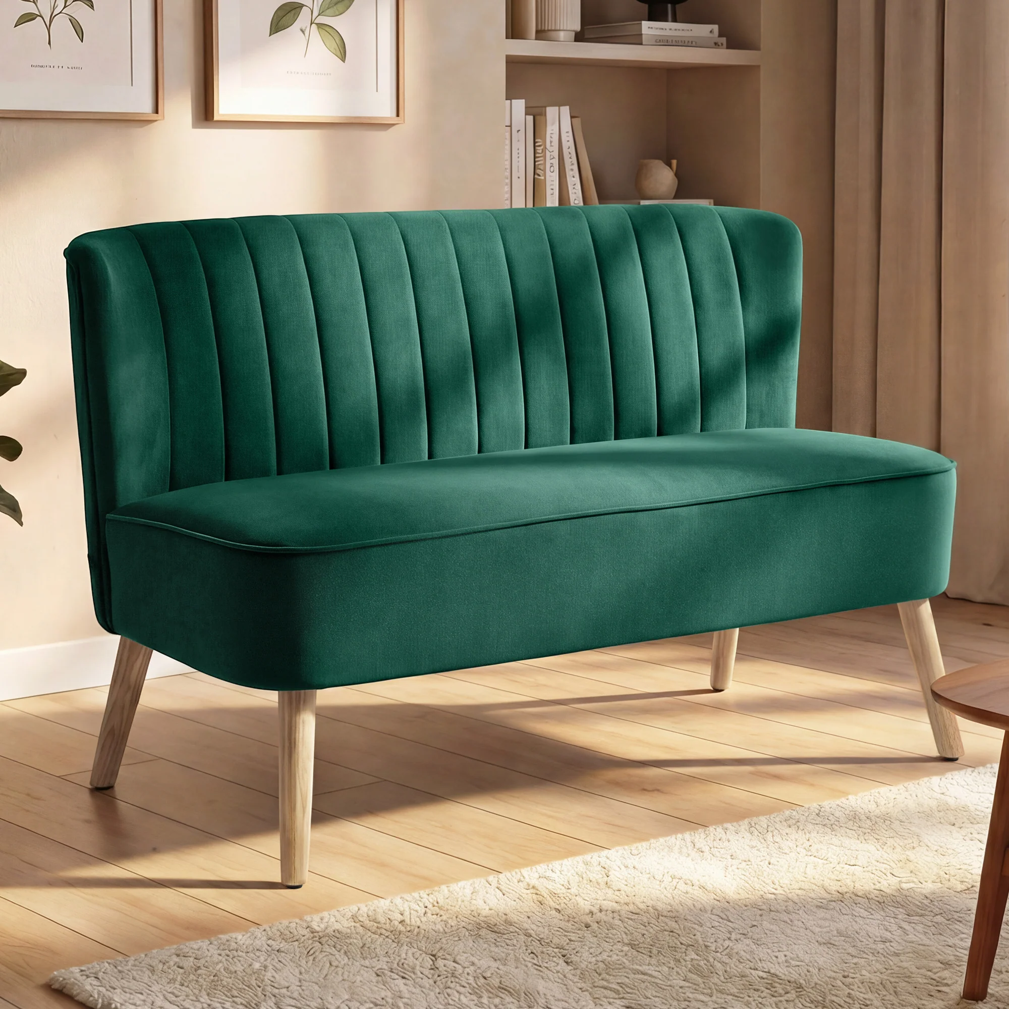 46" Loveseat Sofa, Linen Fabric Upholstered 2 Seater Small Sofa with Thick Padded Seat and Rubber Wood Legs for Living Room, Home Office, Dark Green - Image 4