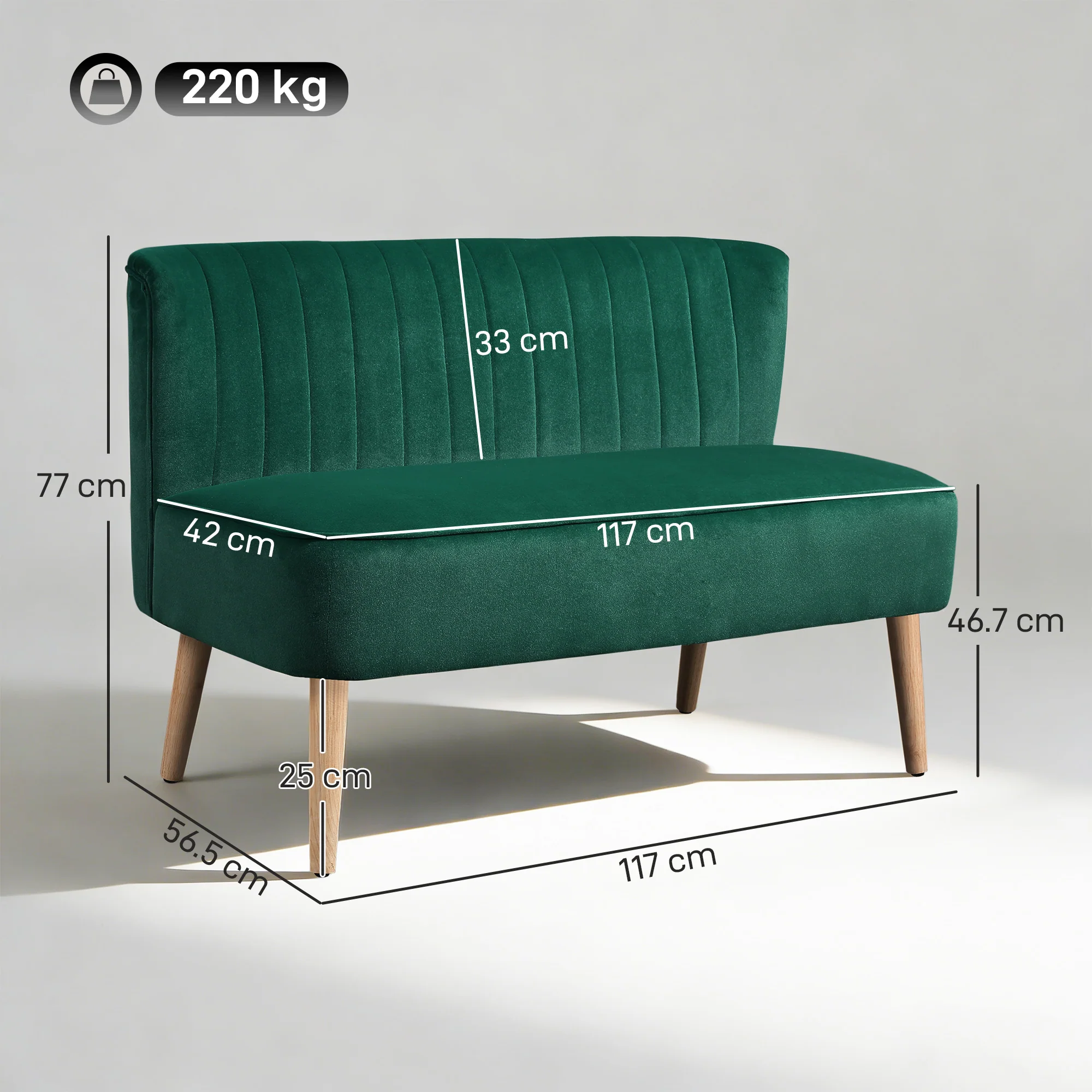 46" Loveseat Sofa, Linen Fabric Upholstered 2 Seater Small Sofa with Thick Padded Seat and Rubber Wood Legs for Living Room, Home Office, Dark Green - Image 5