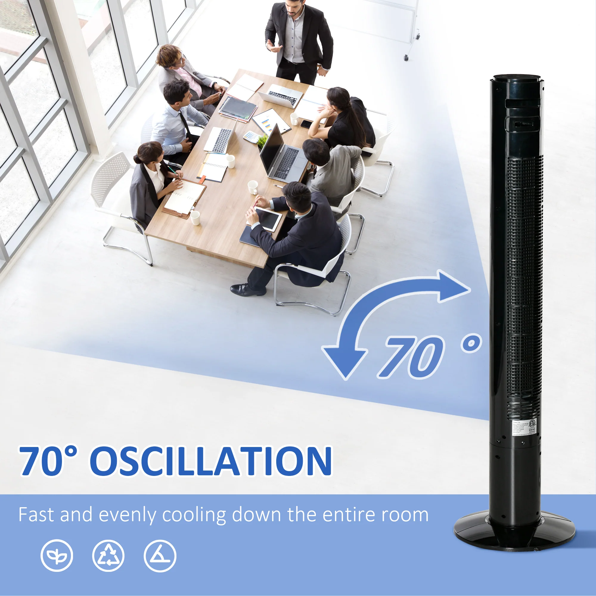 46'' Freestanding Tower Fan, 70° Oscillating Bladeless Standing Fan with 3 Speeds, Black - Image 7