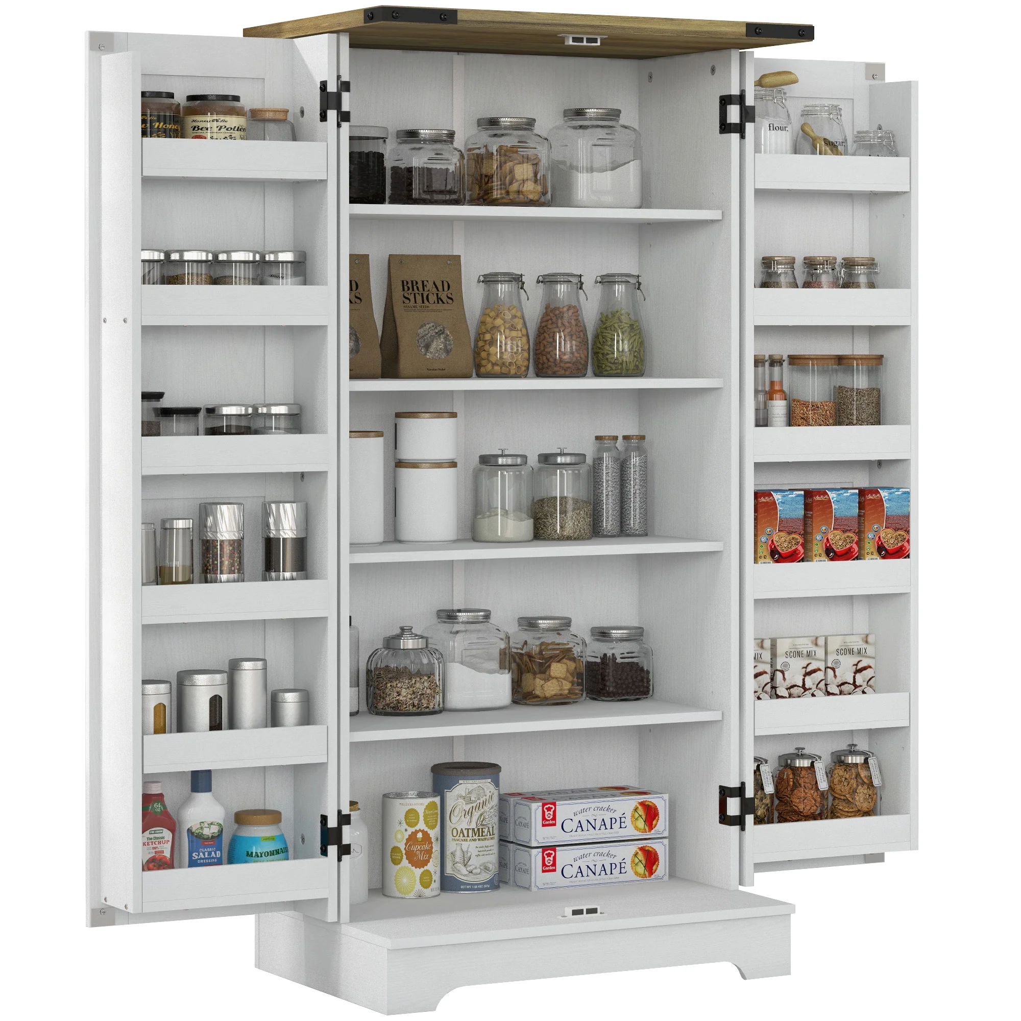 47" Farmhouse Pantry Cabinet with Adjustable Shelves, Cream White Wood Grain