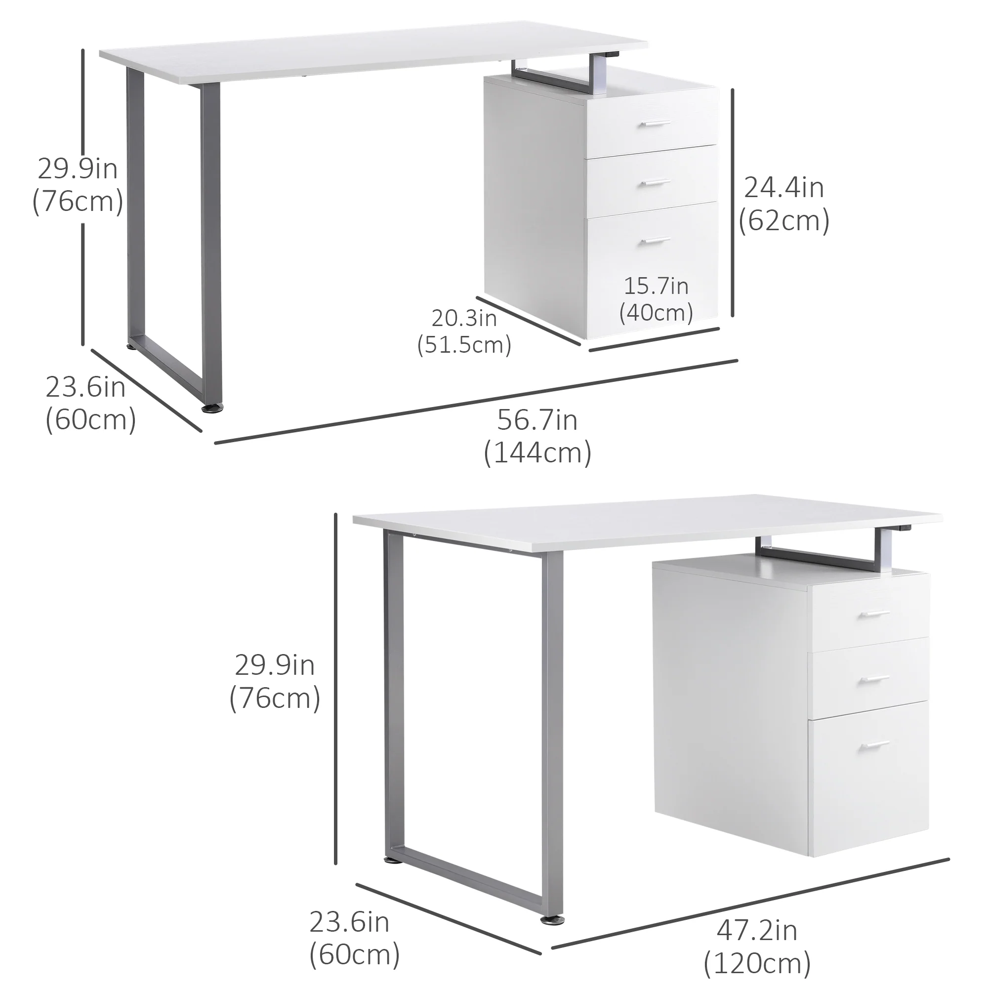 47" Writing Desk with Drawers, Home Office Table with Adjustable Foot Pads, White - Image 5